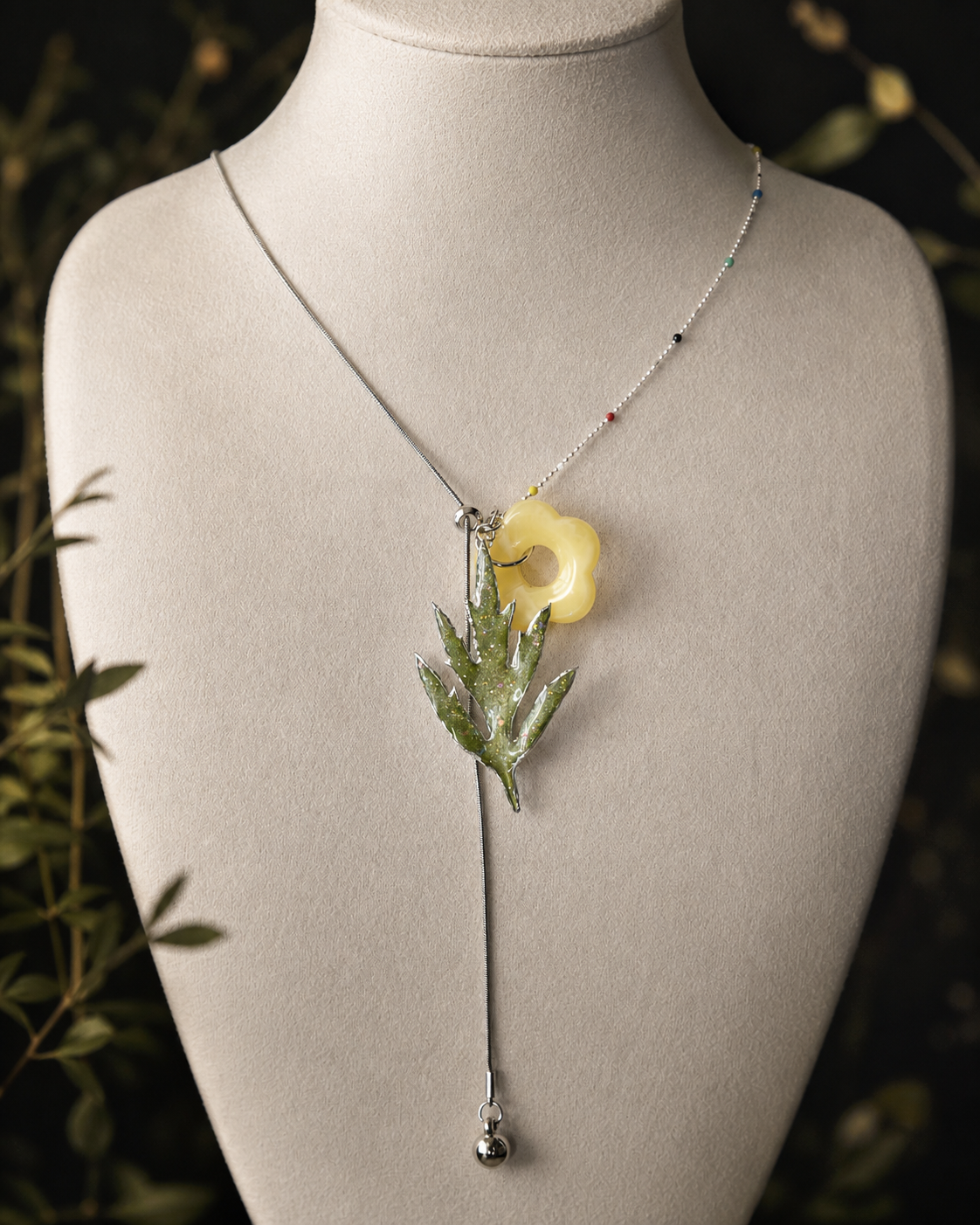 Front display view of the Chinese Mugwort Botanical Mixed-Chain Necklace, Chinese Mugwort Botanical Mixed-Chain Necklace botanical jewellery by Terra Decode
