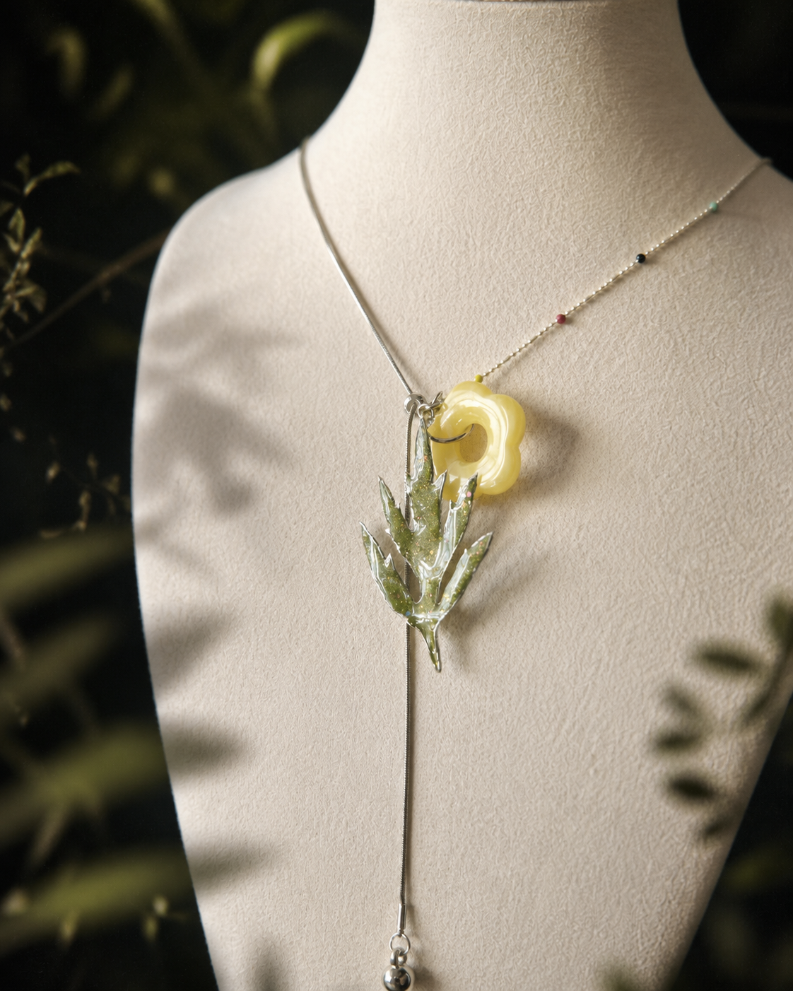 Full-length view of the botanical necklace with coloured beads, Chinese Mugwort Botanical Mixed-Chain Necklace botanical jewellery by Terra Decode