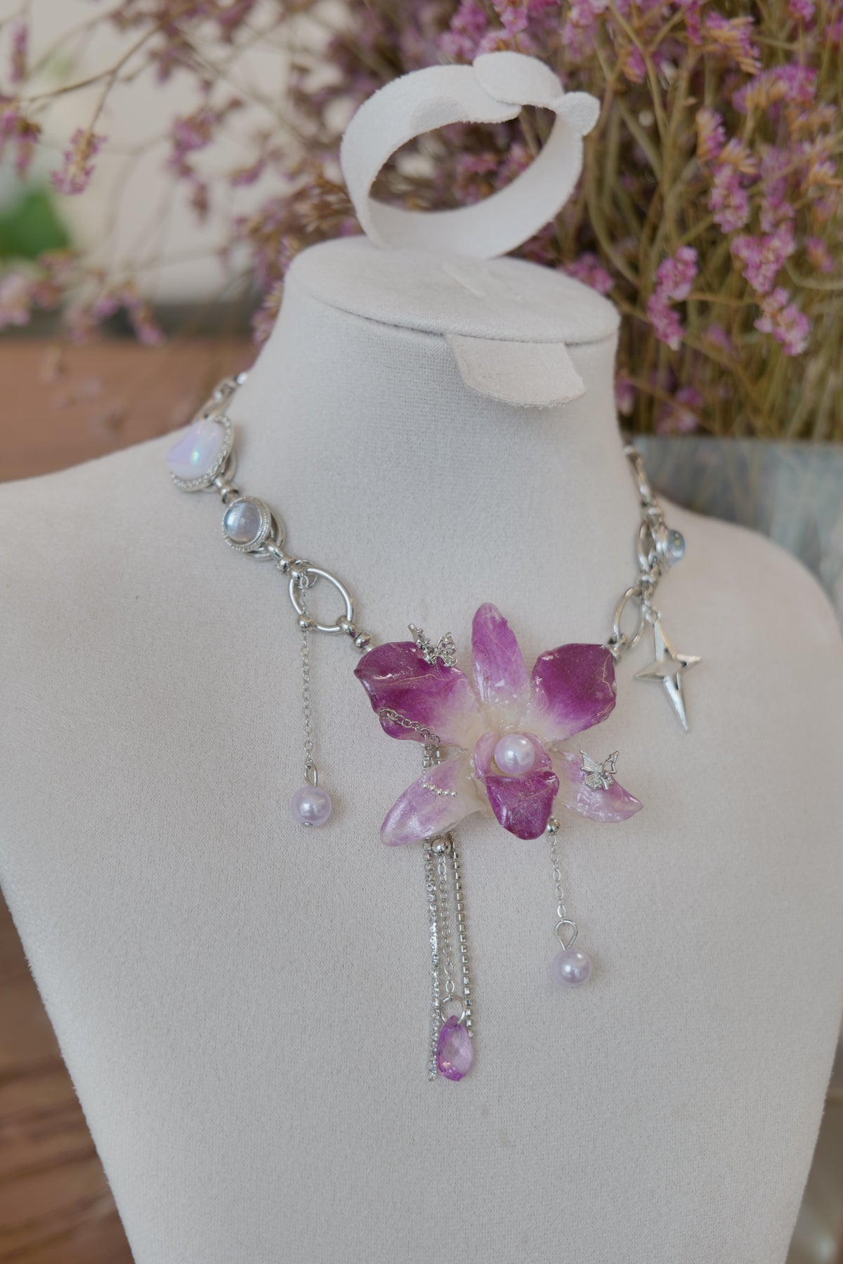 pendant detail of purple Dendrobium orchid pearl charm choker necklace, handmade botanical jewellery by Terra Decode