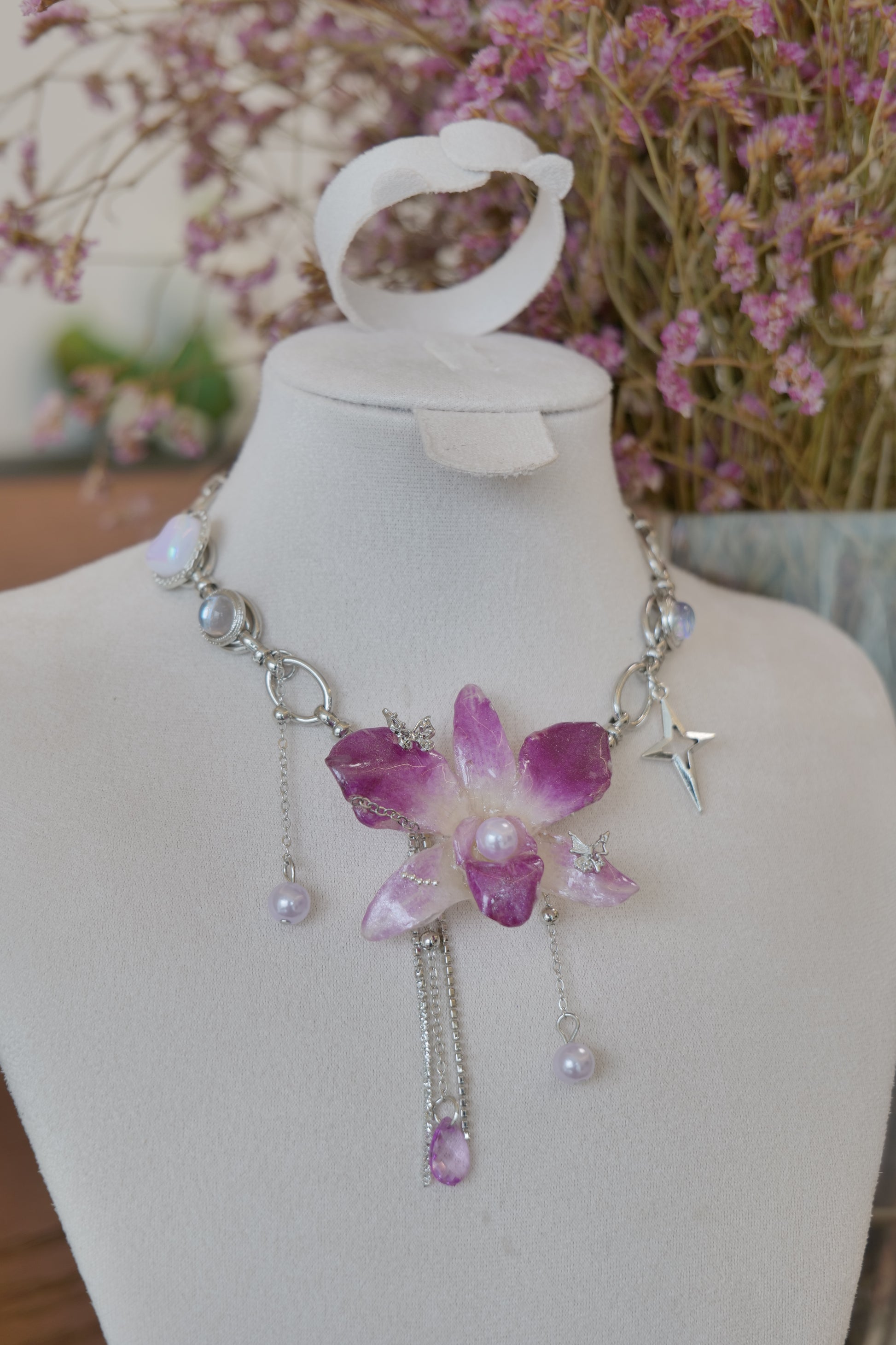 botanical detail of purple Dendrobium orchid pearl charm choker necklace, handmade botanical jewellery by Terra Decode