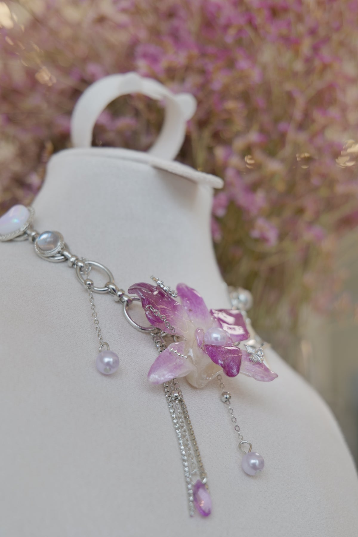 full product view of purple Dendrobium orchid pearl charm choker necklace, handmade botanical jewellery by Terra Decode
