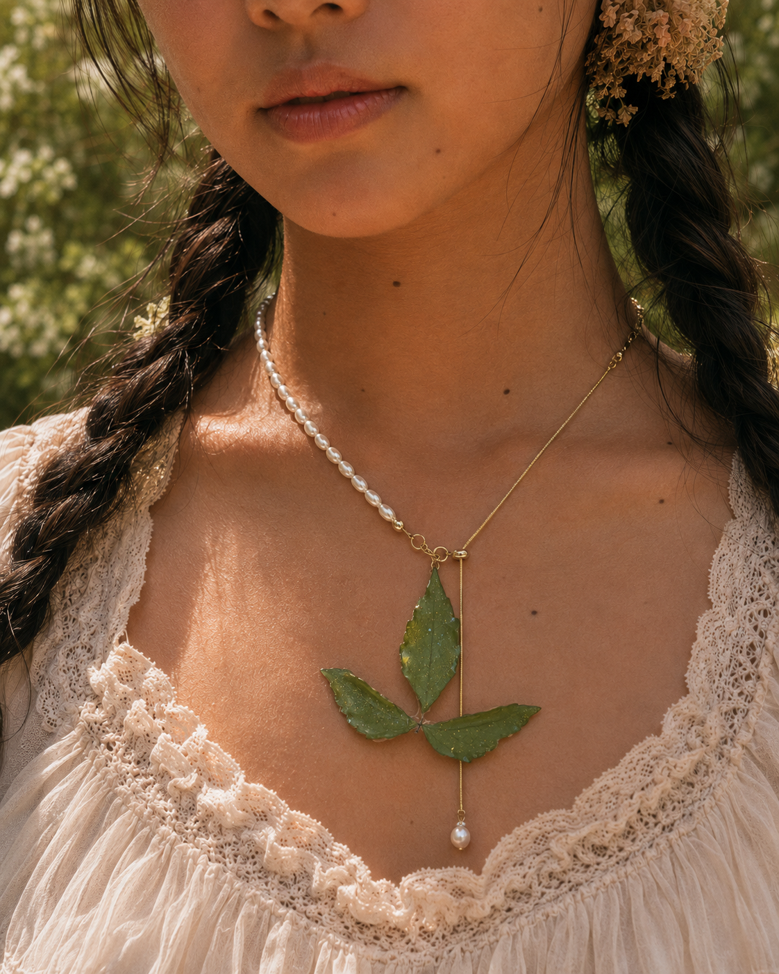 Model wearing the Clear Boston Ivy Pearl-Drop Necklace by Terra Decode