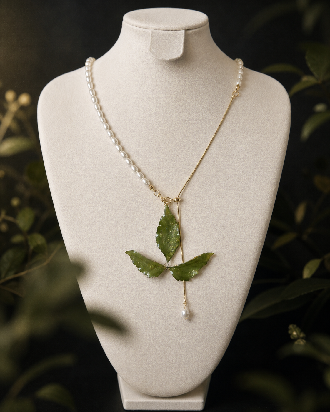 Front display view of the Clear Boston Ivy Pearl-Drop Necklace, Clear Boston Ivy Pearl-Drop Necklace botanical jewellery by Terra Decode