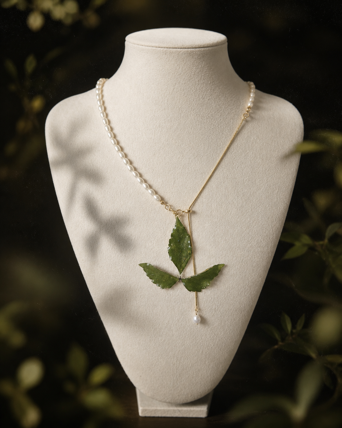Left angled view of real Boston ivy leaves in a minimal clear-resin pendant, Clear Boston Ivy Pearl-Drop Necklace botanical jewellery by Terra Decode