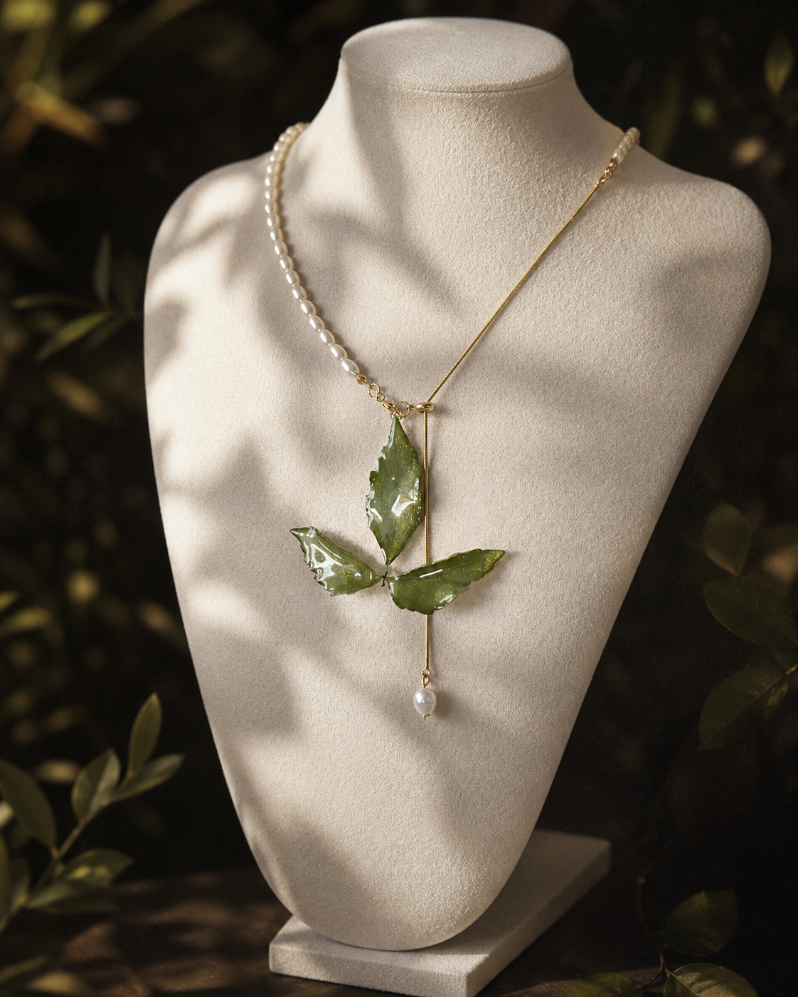 Full-length view of the clear Boston ivy necklace and pearl drop, Clear Boston Ivy Pearl-Drop Necklace botanical jewellery by Terra Decode