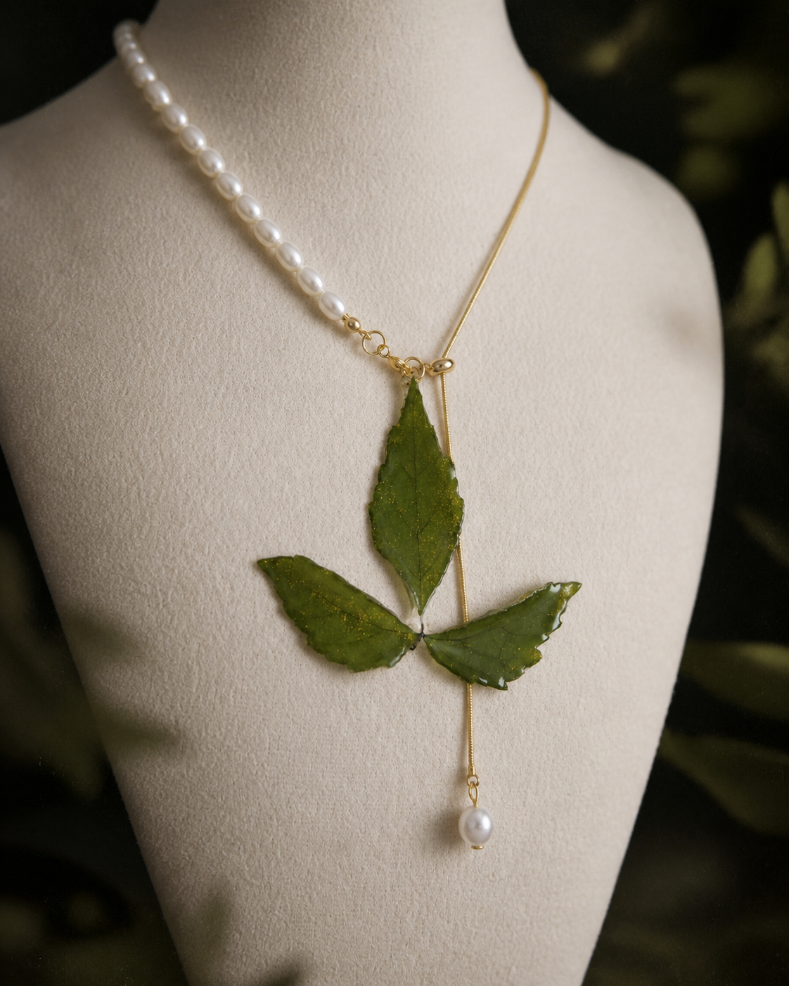 Single imitation-pearl drop below the clear Boston ivy pendant, Clear Boston Ivy Pearl-Drop Necklace botanical jewellery by Terra Decode