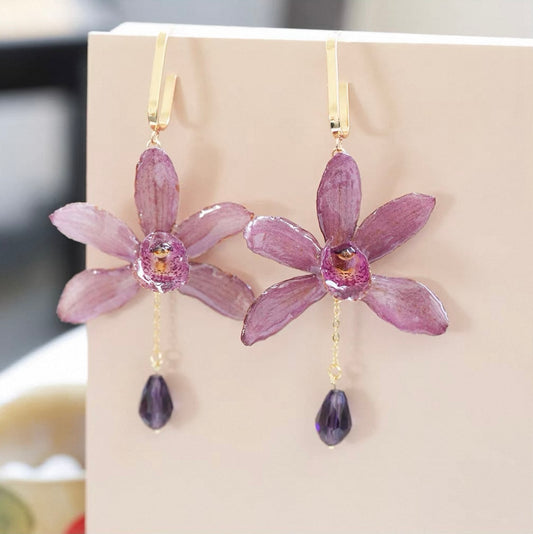 Soft Purple cymbidium orchid earrings with resin petals and purple bead drops by Terra Decode