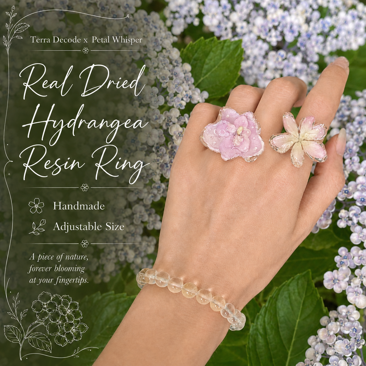 A hand wearing two resin flower rings and a matching beaded bracelet, posed against a background of purple hydrangea blooms and green leaves. Text on the left reads 'Terra Decode x Petal Whisper' and 'Real Dried Hydrangea Resin Ring'.