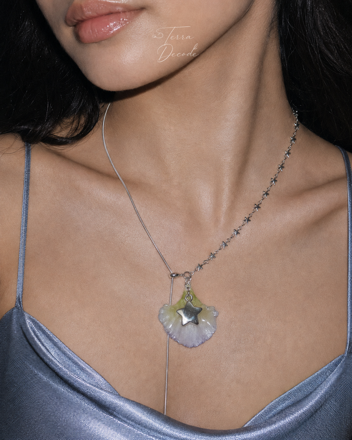 Model wearing the Double Lisianthus Star Adjustable Lariat Necklace from Terra Decode's Flowers in Y2K collection