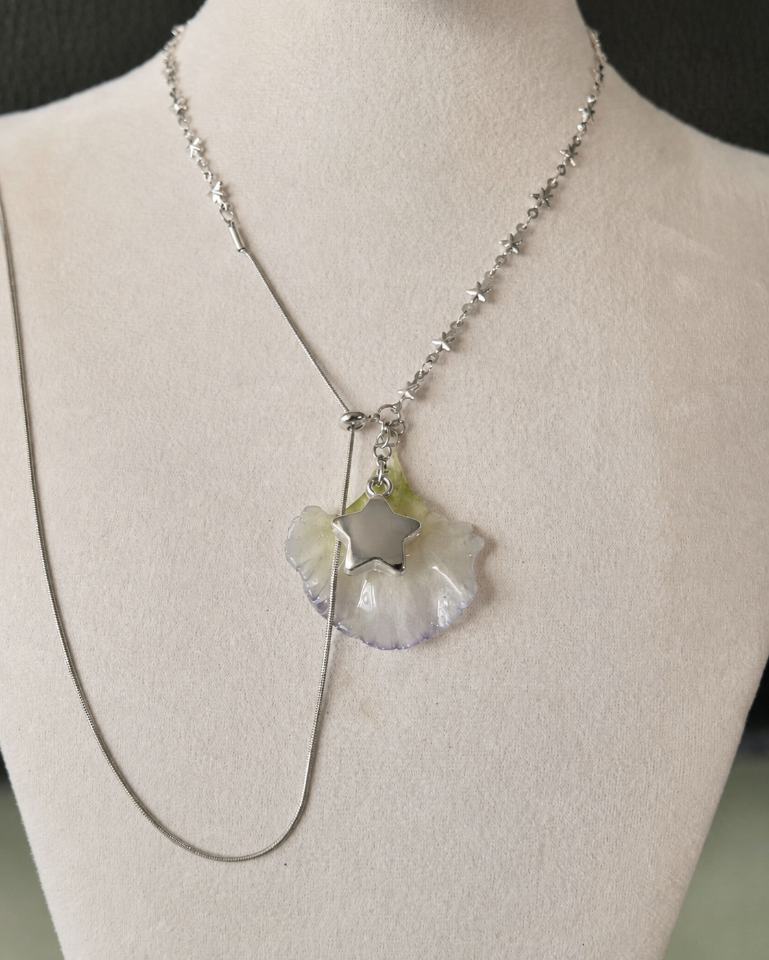 Extended view of the Double Lisianthus Star Adjustable Lariat Necklace, Double Lisianthus Star Adjustable Lariat Necklace botanical jewellery by Terra Decode