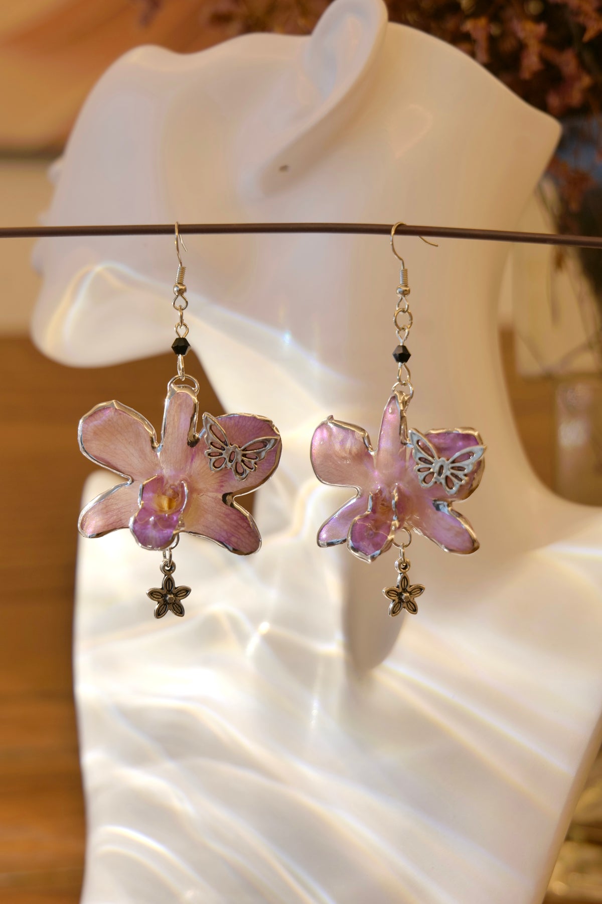 FLORELLA — Purple Orchid Butterfly & Flower Earrings