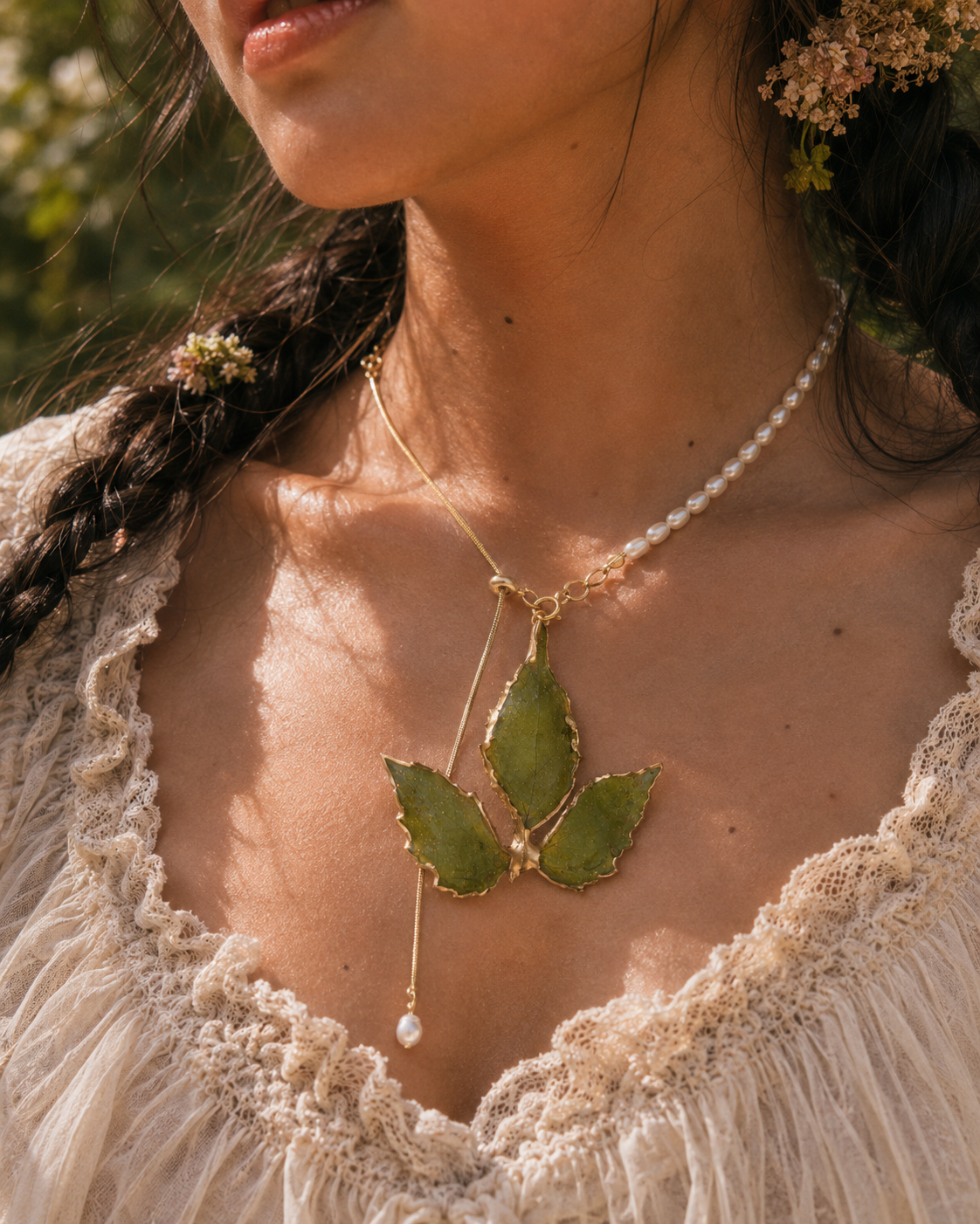Model wearing the Gold-Edged Boston Ivy Pearl-Drop Necklace by Terra Decode