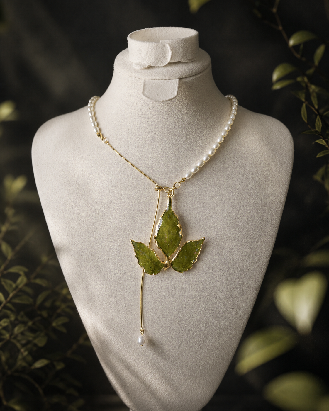 Front display view of the Gold-Edged Boston Ivy Pearl-Drop Necklace, Gold-Edged Boston Ivy Pearl-Drop Necklace botanical jewellery by Terra Decode