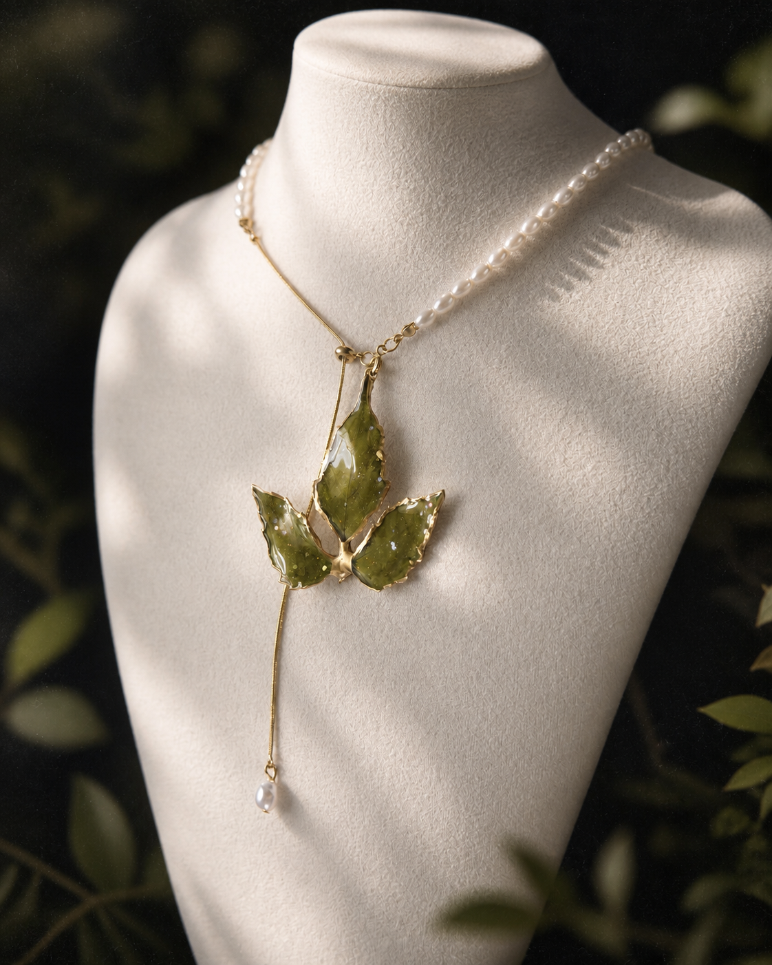 Left angled view of real Boston ivy leaves with gold-toned edging, Gold-Edged Boston Ivy Pearl-Drop Necklace botanical jewellery by Terra Decode