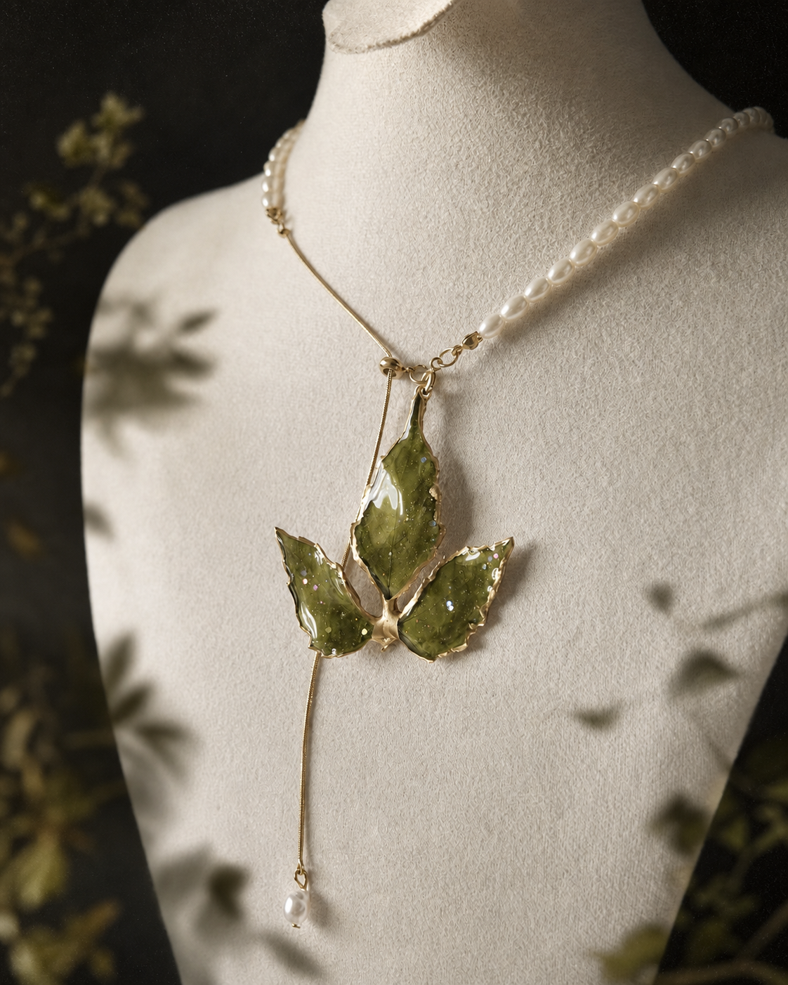 Right angled view of the botanical pendant and imitation-pearl half-chain, Gold-Edged Boston Ivy Pearl-Drop Necklace botanical jewellery by Terra Decode