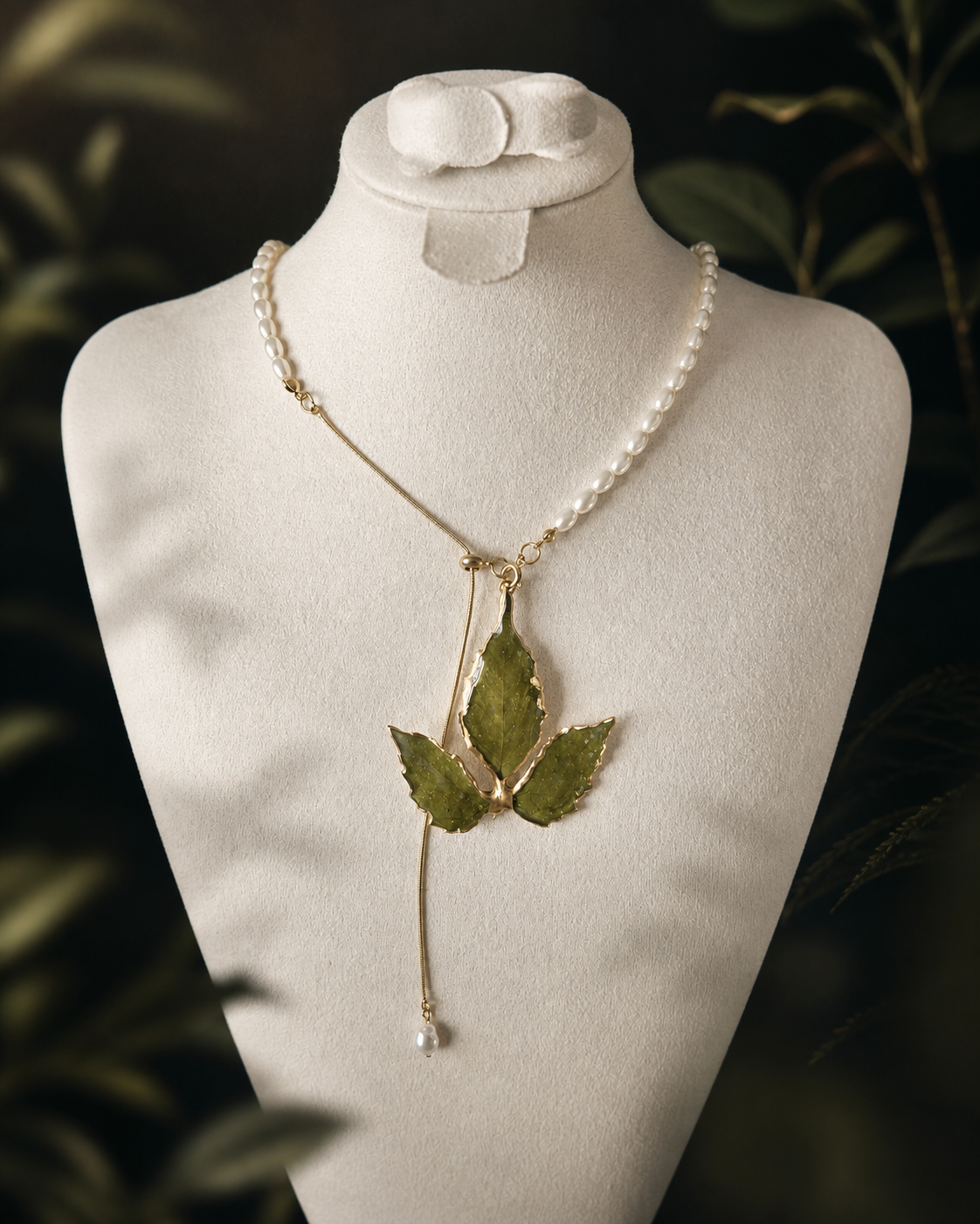 Close view of clear-resin Boston ivy texture with gold-toned edging, Gold-Edged Boston Ivy Pearl-Drop Necklace botanical jewellery by Terra Decode