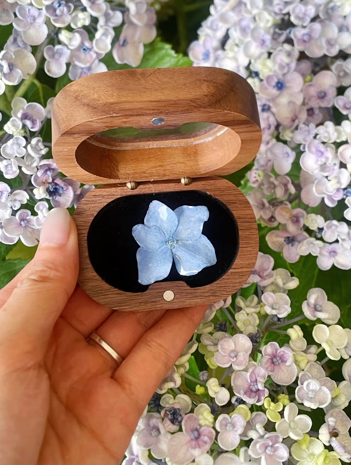 Cream white hydrangea ring with resin petals displayed in a wooden box by Terra Decode