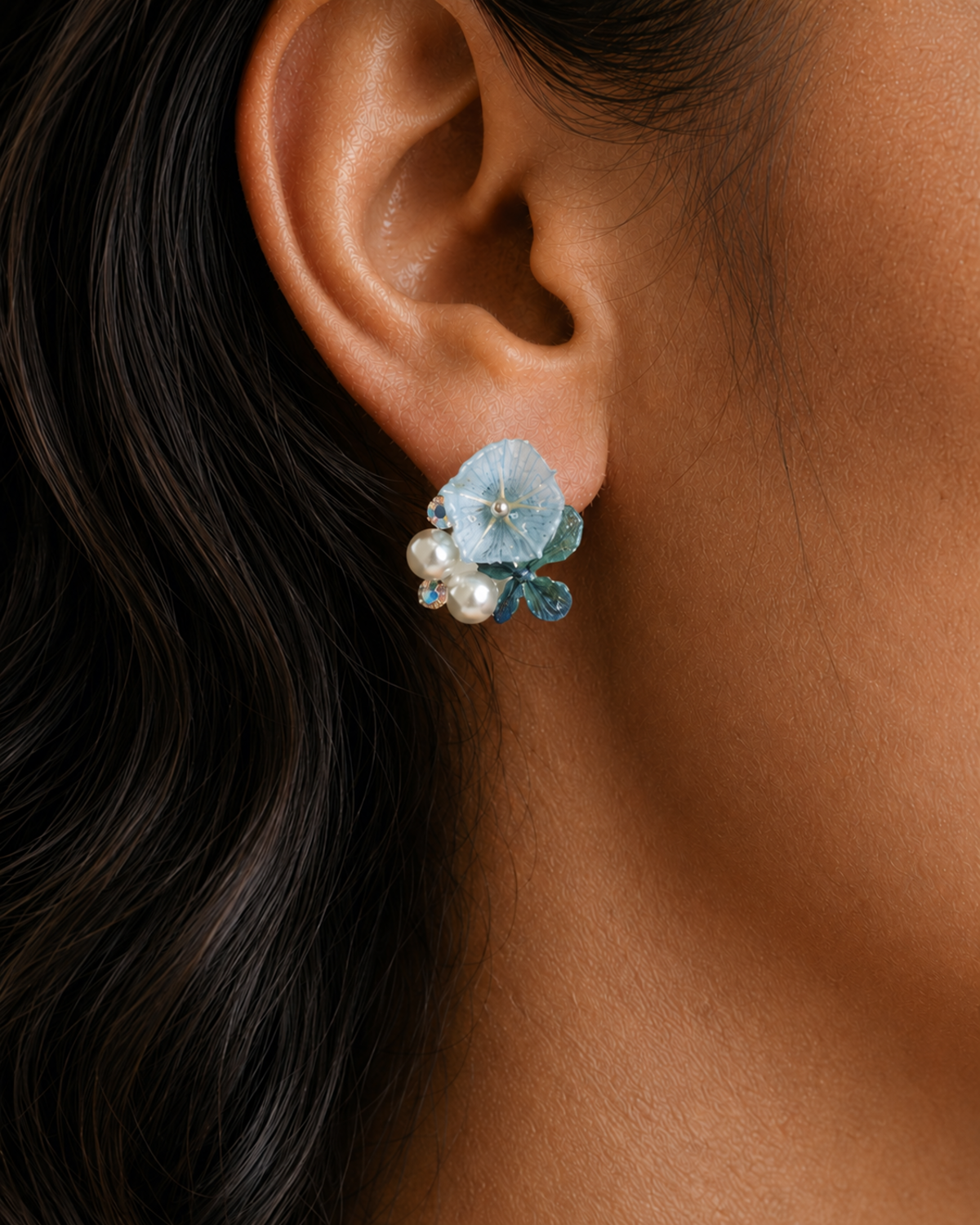 Model wearing Icy Blue Hydrangea Stud Earrings, Icy Blue Hydrangea Stud Earrings botanical jewellery by Terra Decode