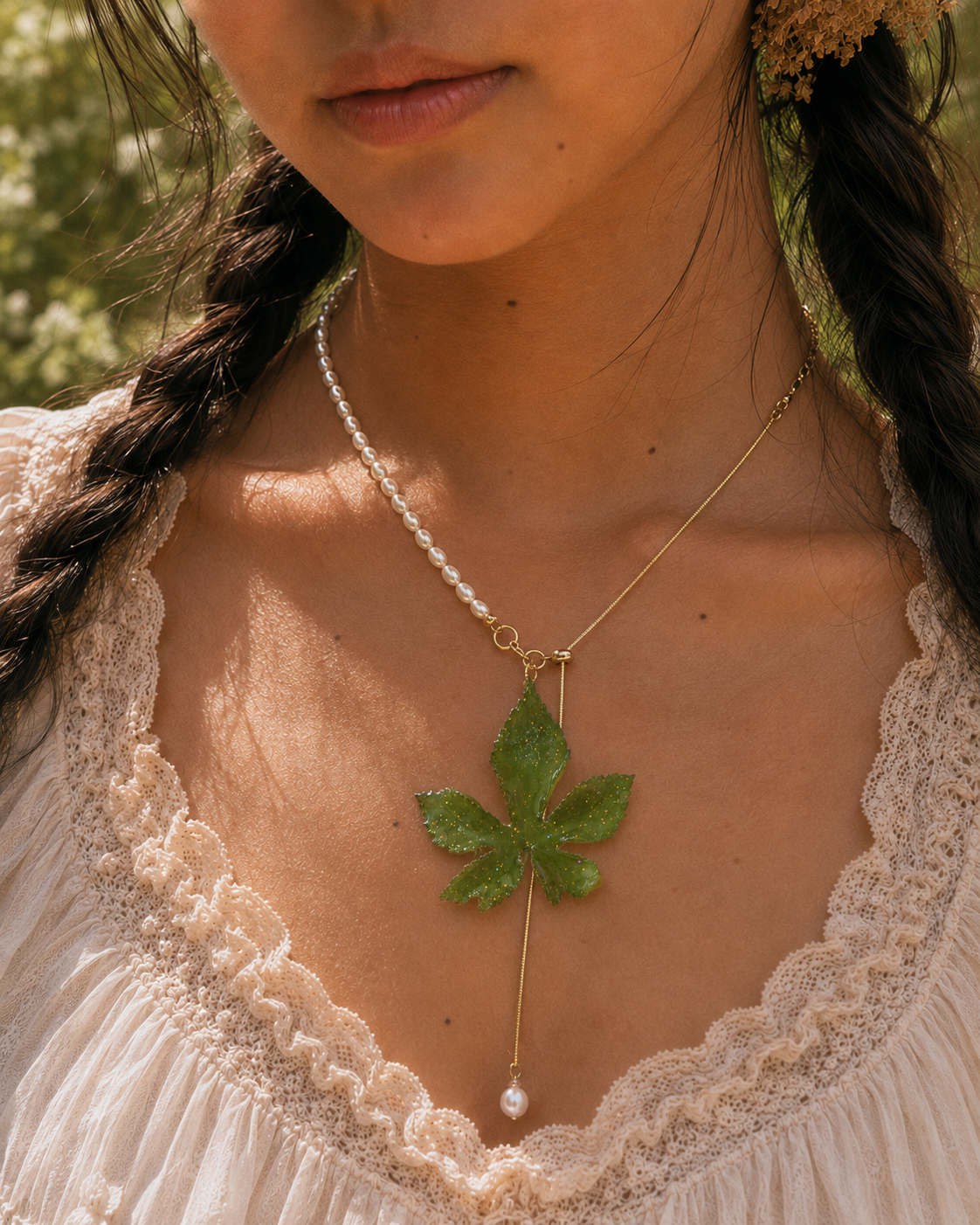 Model wearing the Japanese Hop Pearl-Drop Adjustable Lariat Necklace by Terra Decode