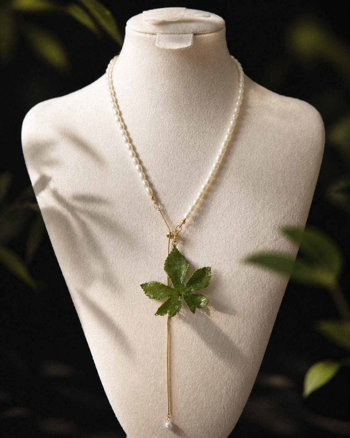 Front display view of the Japanese Hop Pearl-Drop Adjustable Lariat Necklace, Japanese Hop Pearl-Drop Adjustable Lariat Necklace botanical jewellery by Terra Decode