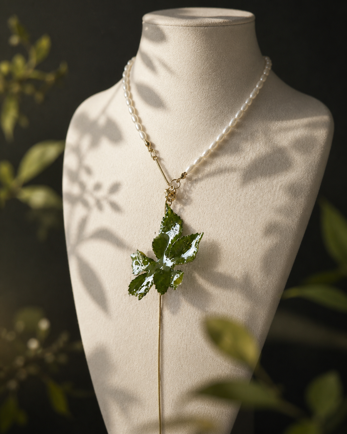Full-length view of the adjustable botanical lariat and pearl drop, Japanese Hop Pearl-Drop Adjustable Lariat Necklace botanical jewellery by Terra Decode