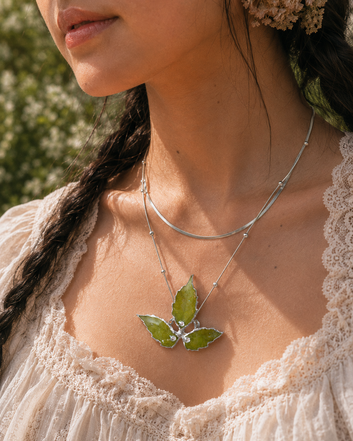 Model wearing the Layered Silver Boston Ivy Botanical Necklace by Terra Decode