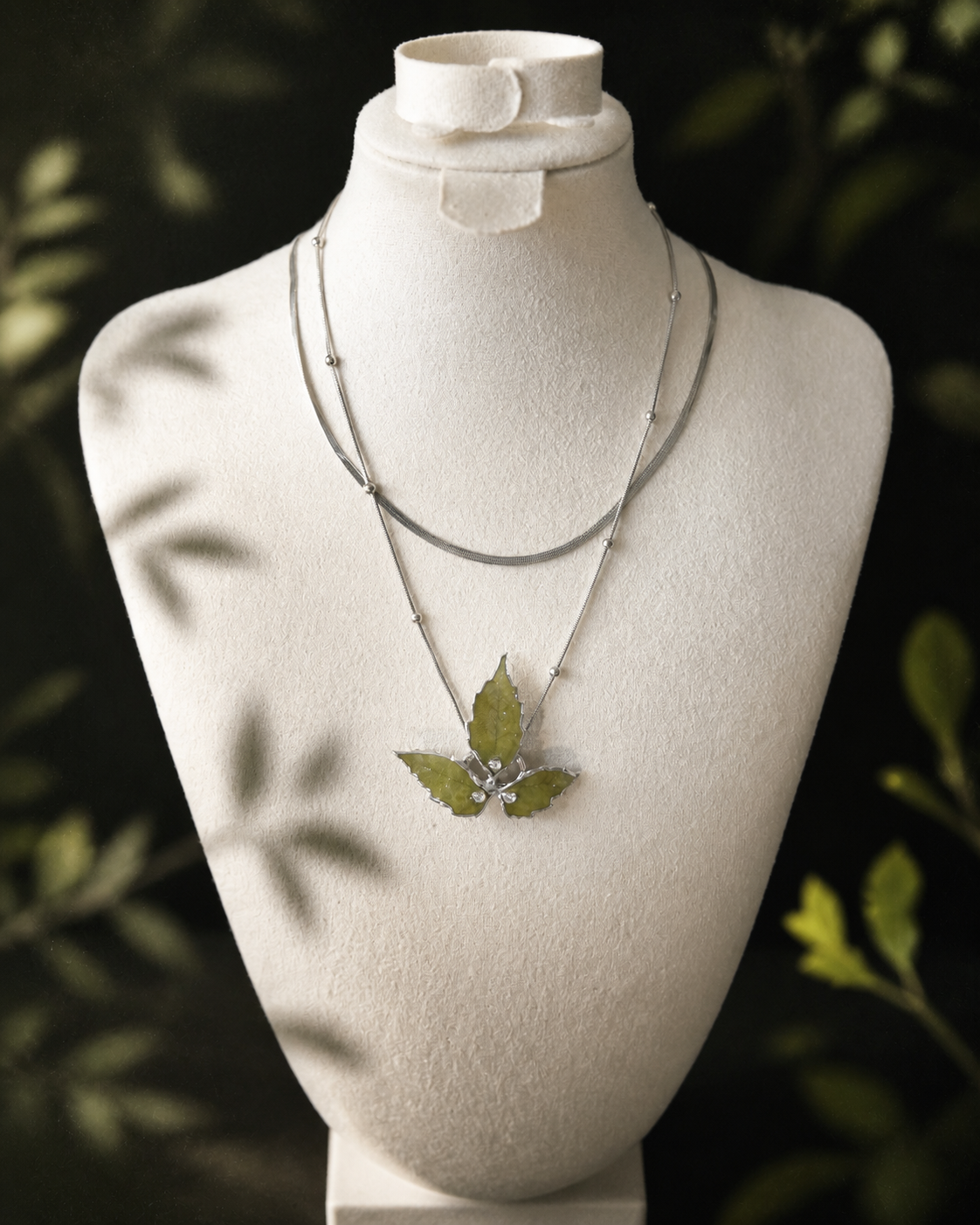 Front display view of the Layered Silver Boston Ivy Botanical Necklace, Layered Silver Boston Ivy Botanical Necklace botanical jewellery by Terra Decode