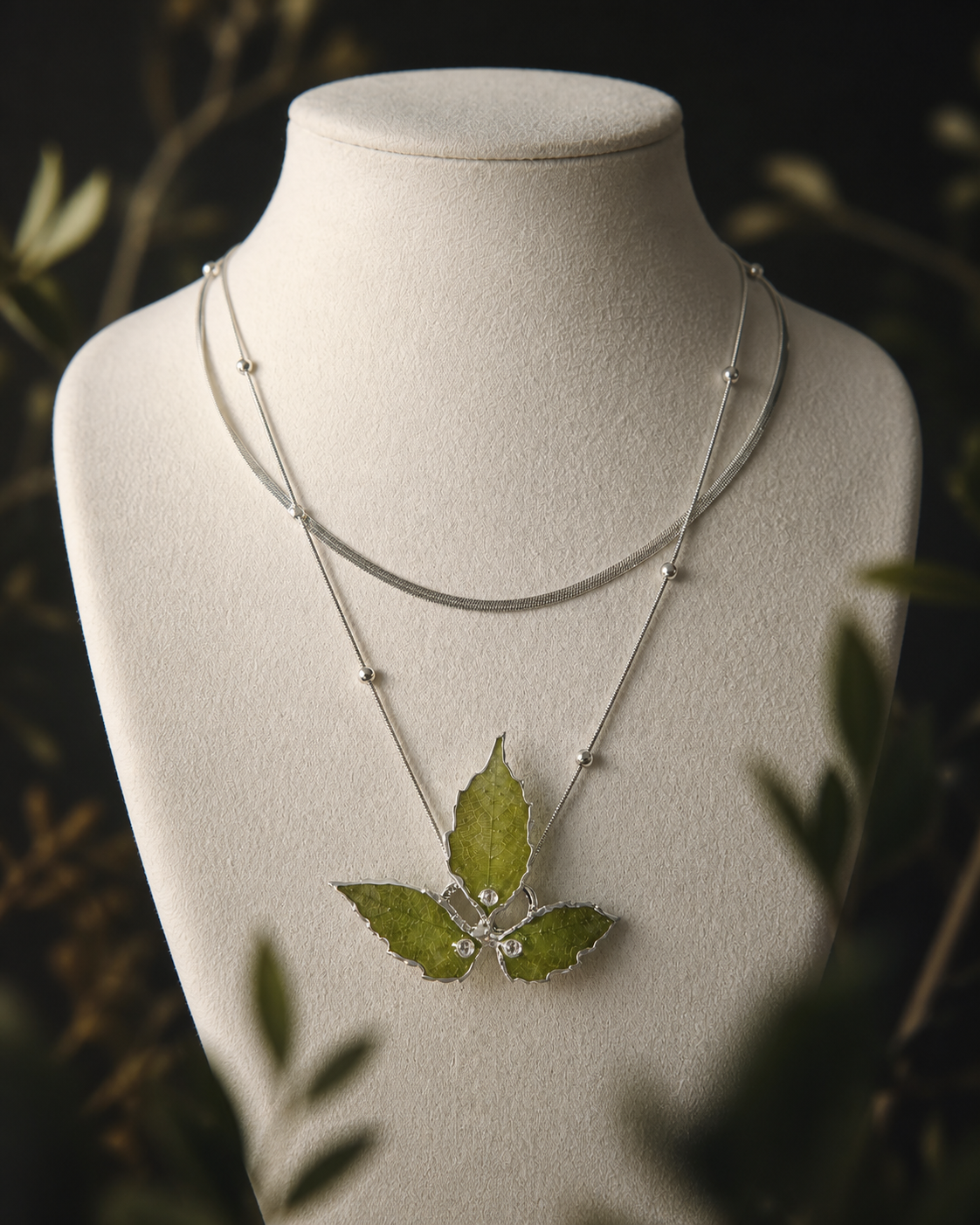 Close view of natural Boston ivy veins and silver-toned edging, Layered Silver Boston Ivy Botanical Necklace botanical jewellery by Terra Decode
