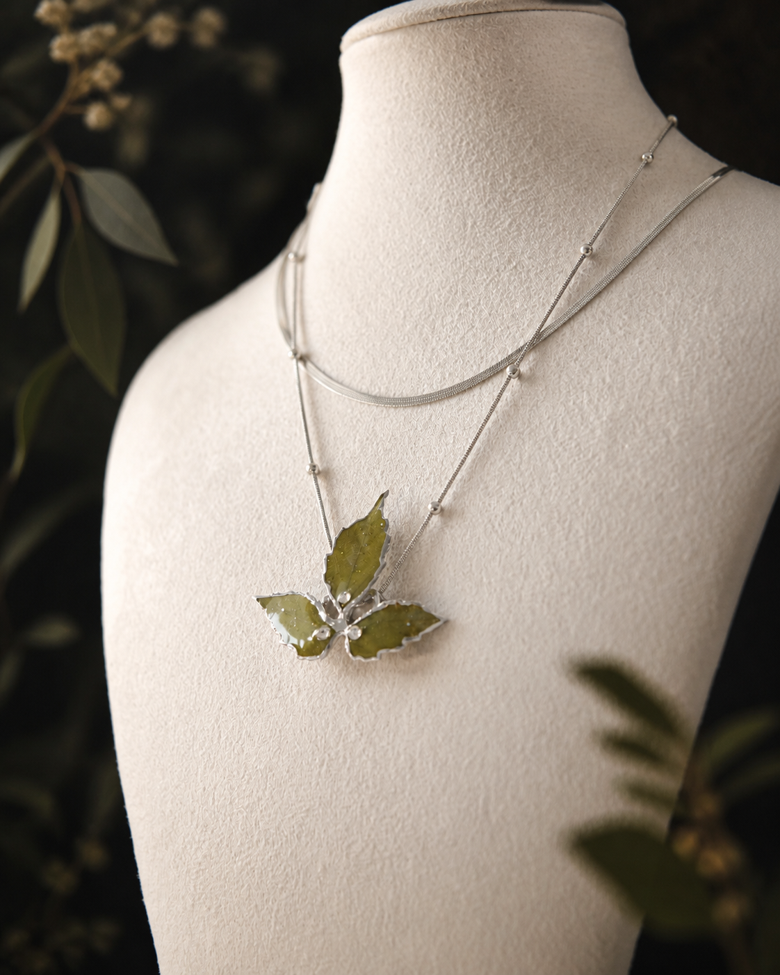 Lower-chain and preserved Boston ivy pendant detail, Layered Silver Boston Ivy Botanical Necklace botanical jewellery by Terra Decode