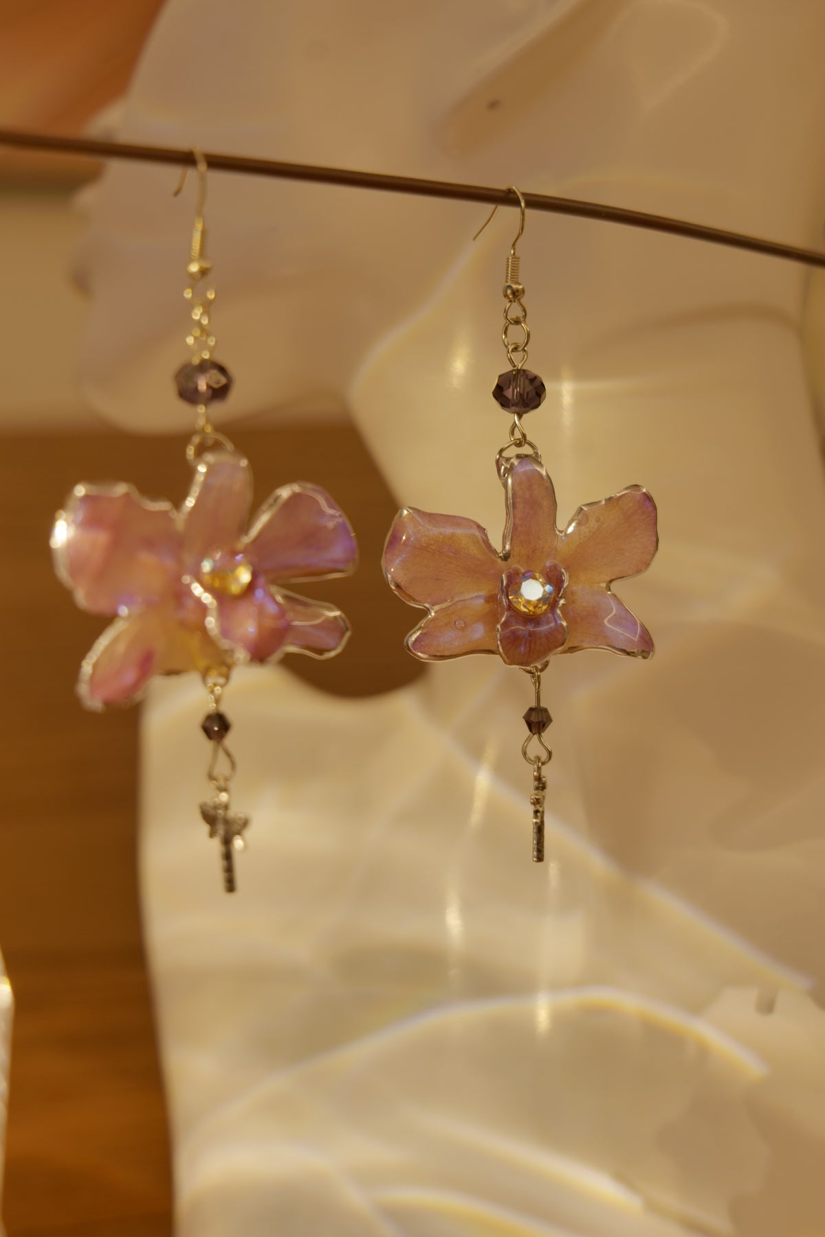 LIBELLA — Pink Orchid Dragonfly & Iridescent Rhinestone Earrings
