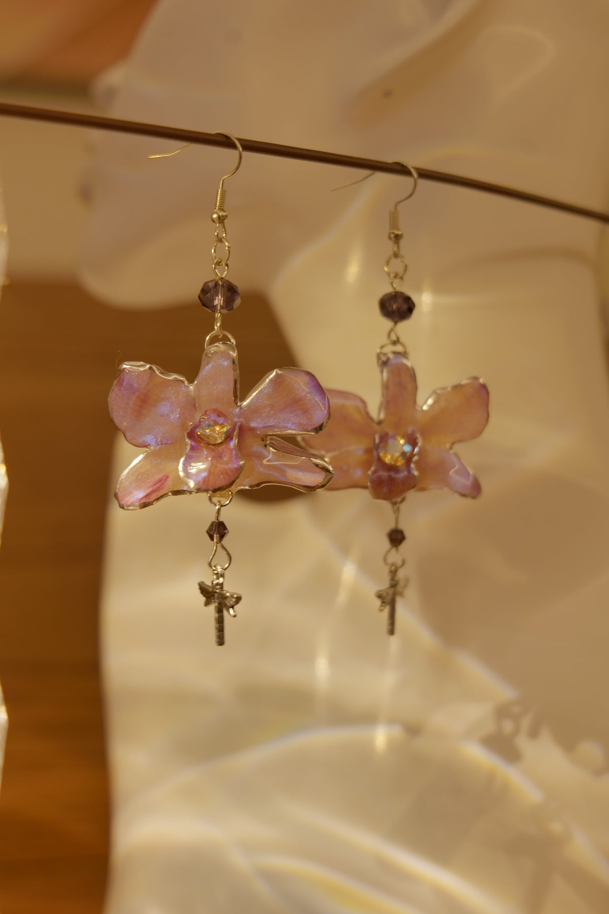 LIBELLA — Pink Orchid Dragonfly & Iridescent Rhinestone Earrings
