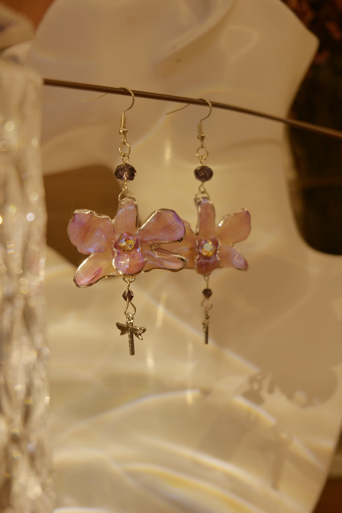 LIBELLA — Pink Orchid Dragonfly & Iridescent Rhinestone Earrings