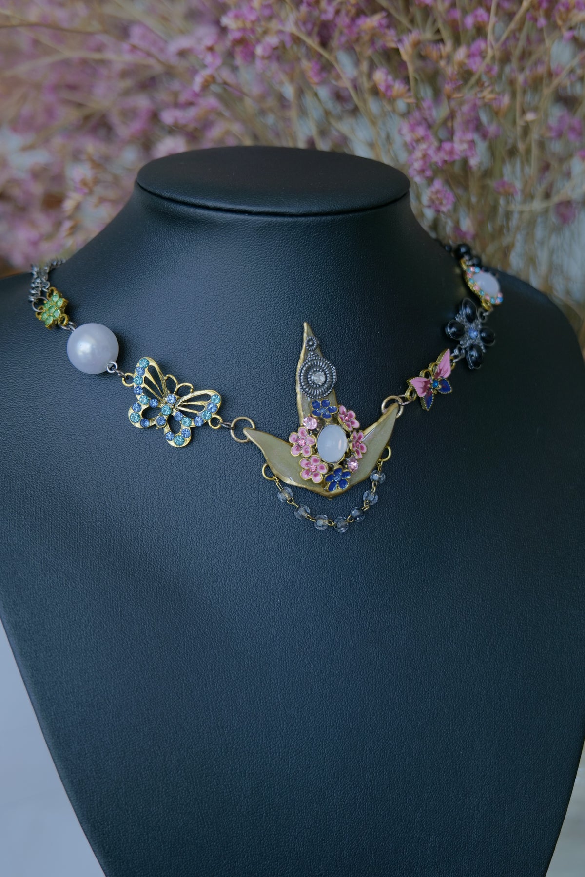 Full view of the one-of-a-kind Nandina leaf asymmetric botanical necklace