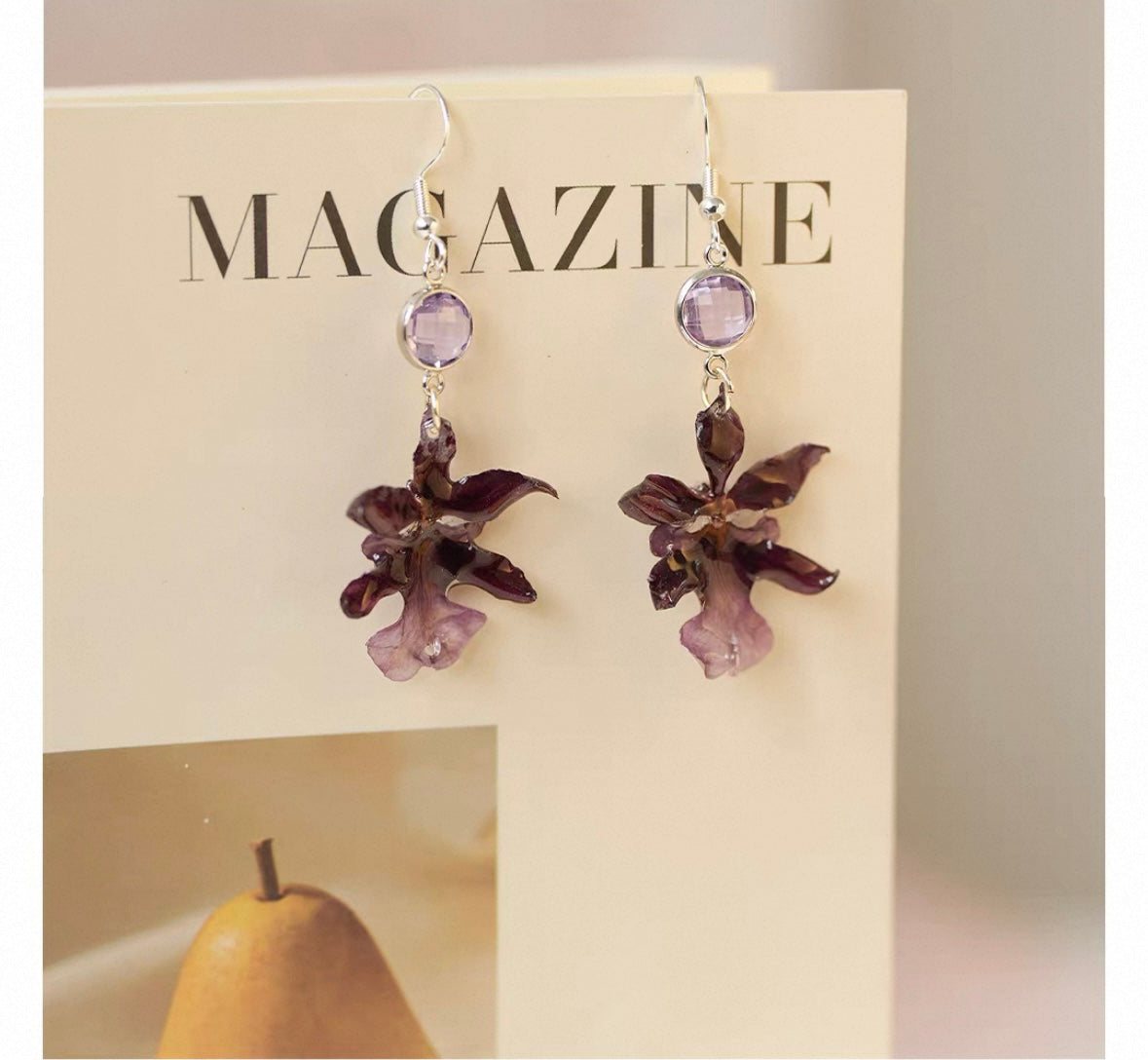 Deep Plum oncidium orchid earrings with resin petals and silver-tone hooks by Terra Decode