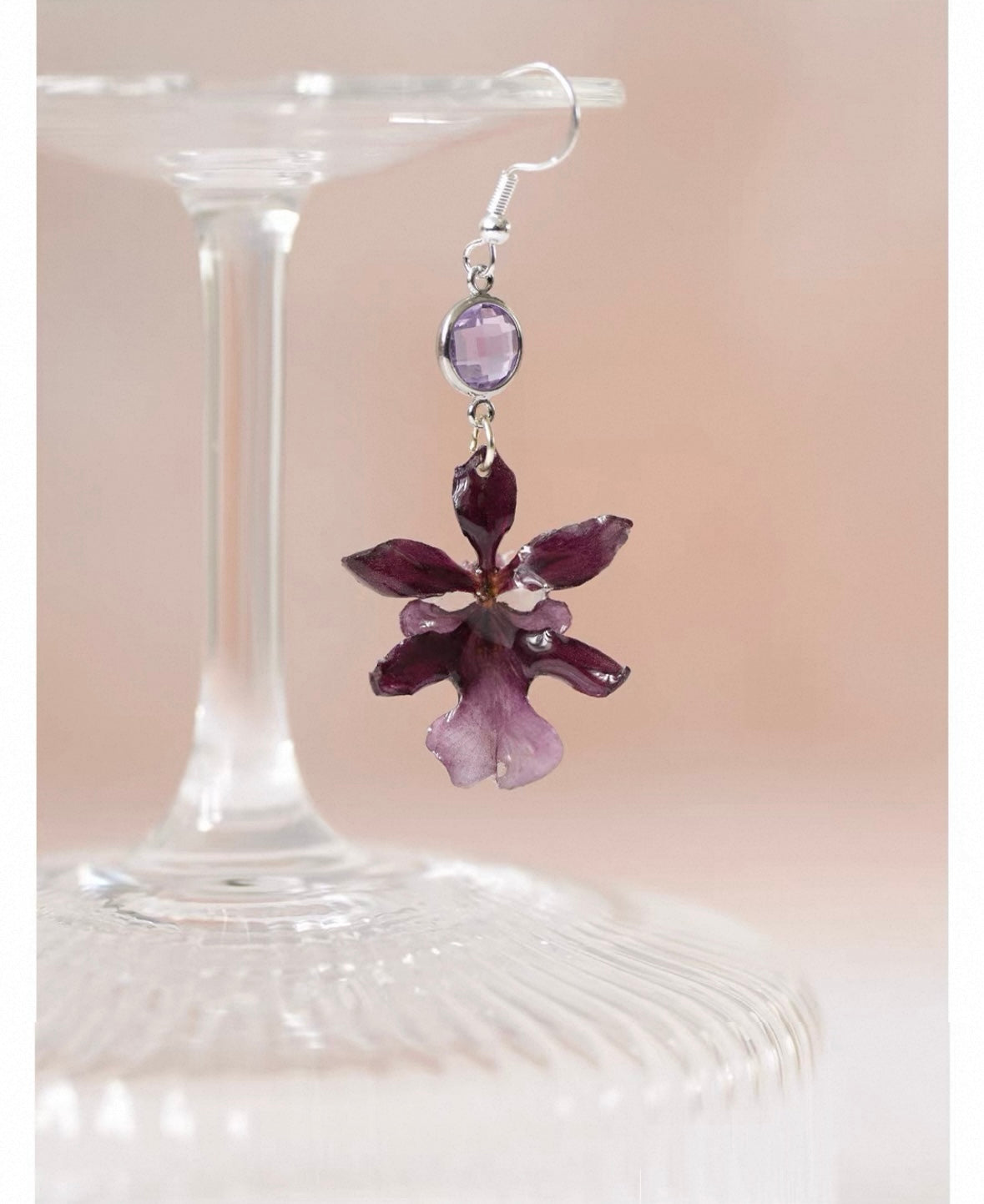 Deep plum oncidium orchid earrings with resin petal drop detail on glass by Terra Decode