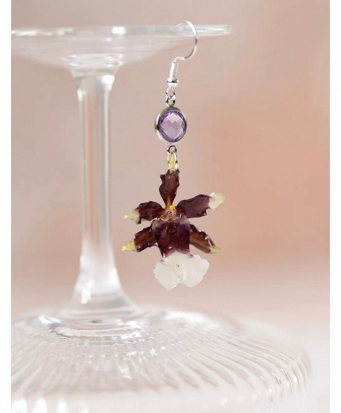 Deep plum oncidium orchid earrings with resin petals and purple bead accent by Terra Decode