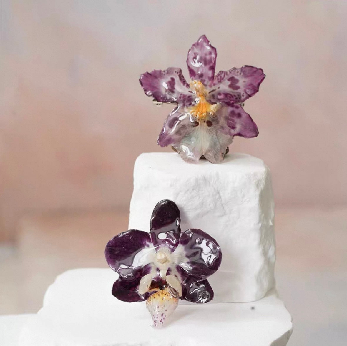 Speckled purple orchid brooch with resin petals and botanical markings by Terra Decode