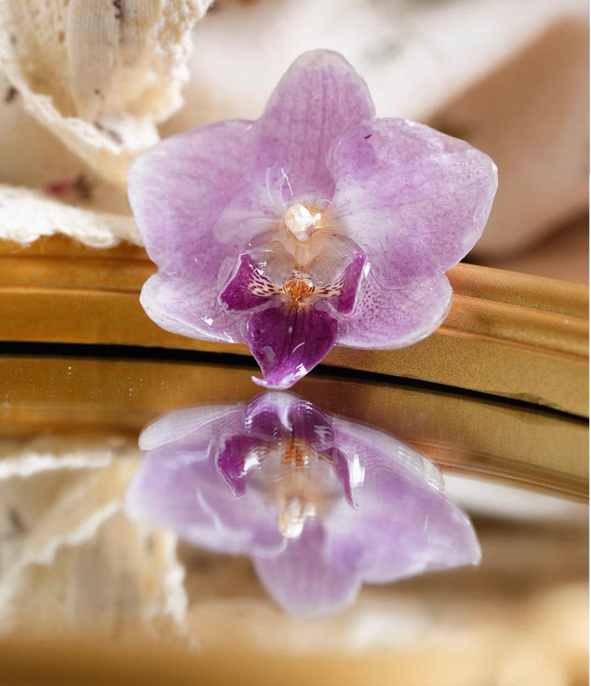 Soft Purple orchid brooch with resin petals and brooch pin backing by Terra Decode