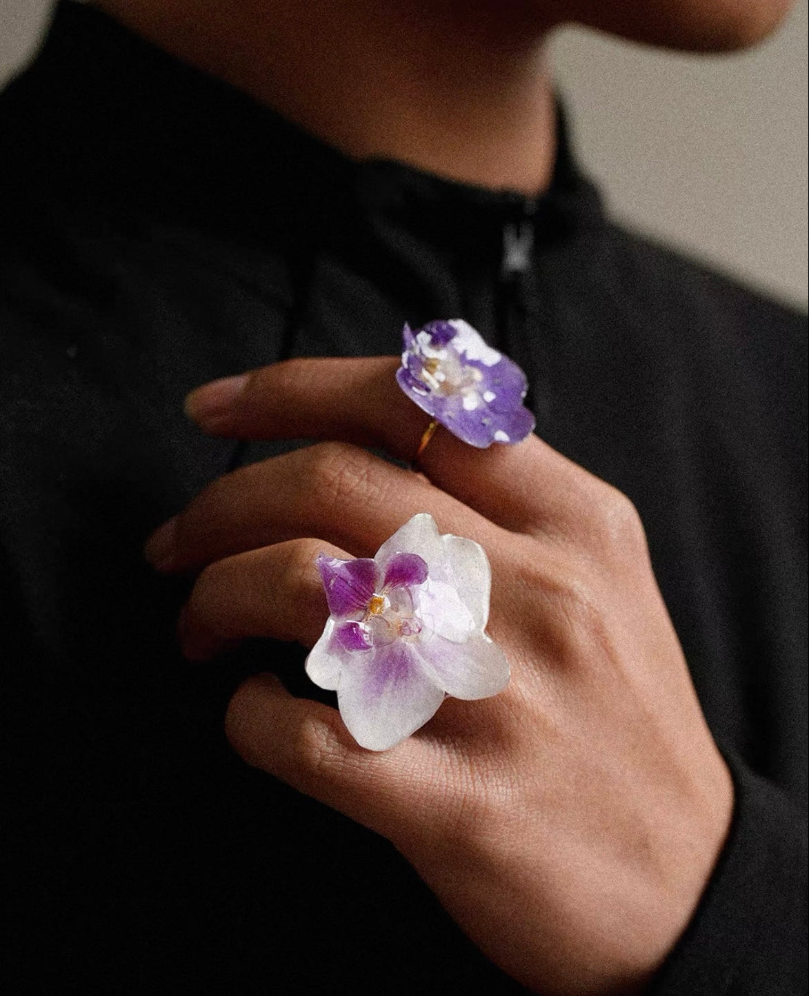 Soft Purple orchid ring with resin statement petals worn on hand by Terra Decode