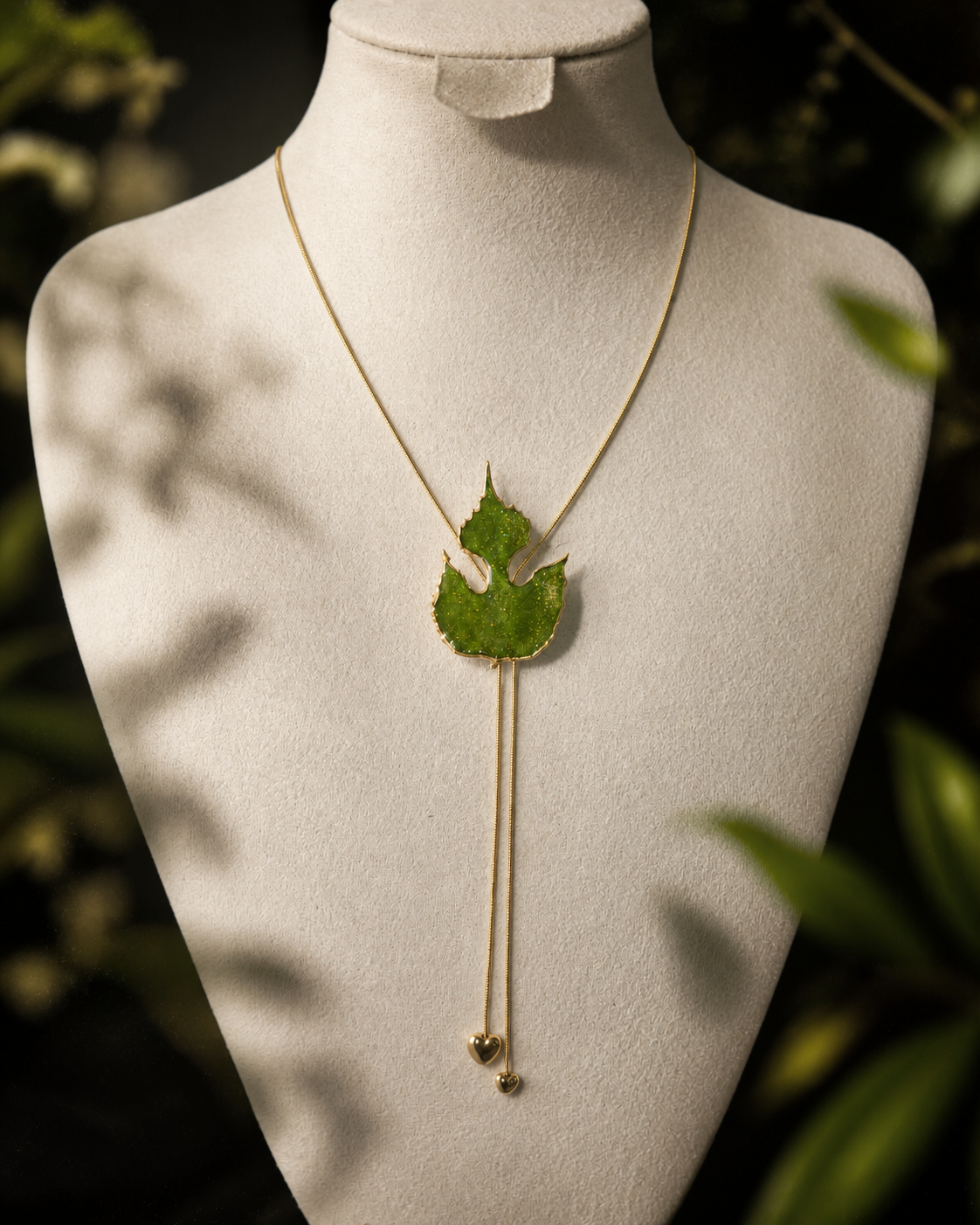 Front display view of the Paper Mulberry Double-Heart Lariat Necklace, Paper Mulberry Double-Heart Lariat Necklace botanical jewellery by Terra Decode