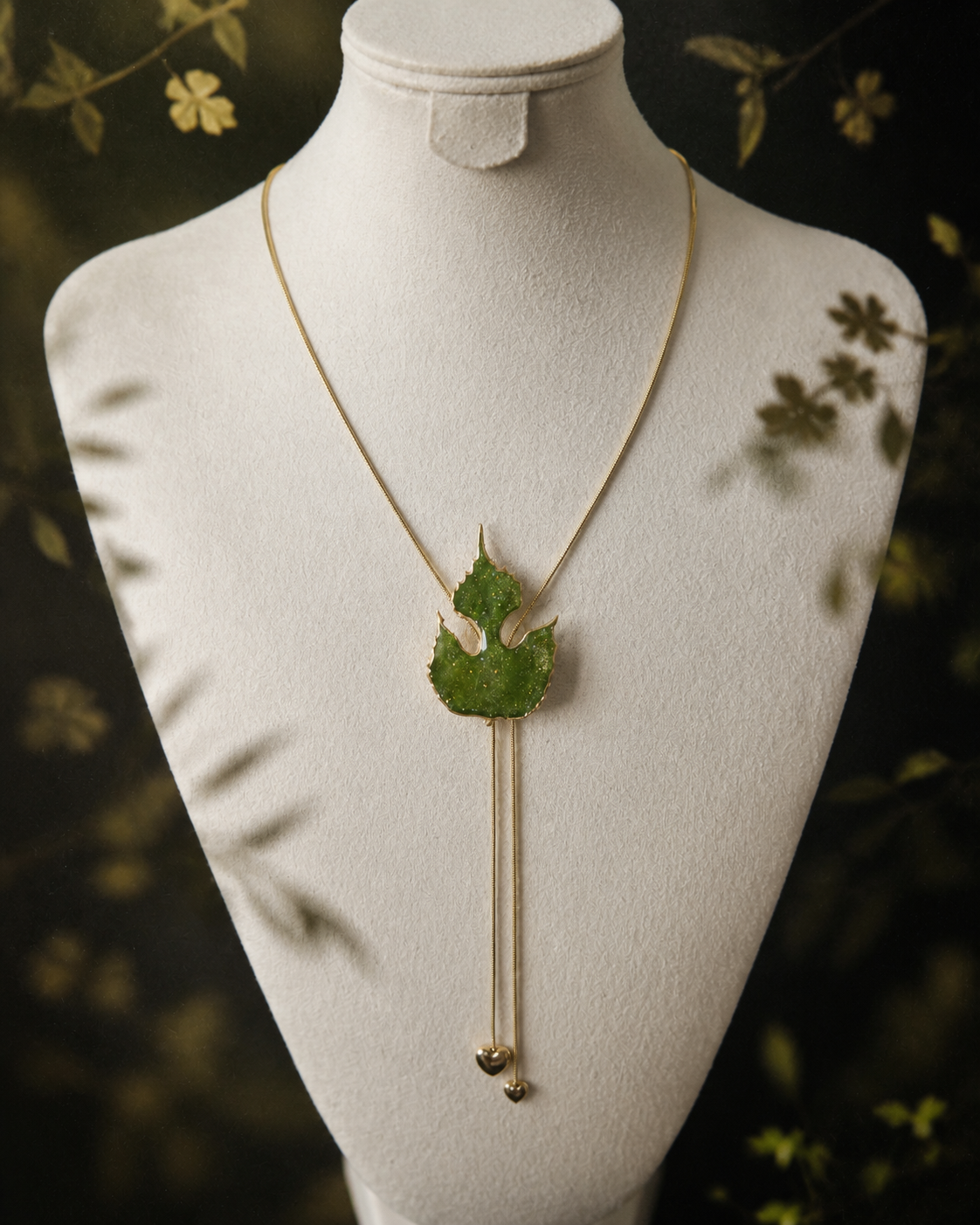 Close view of natural paper mulberry leaf texture, Paper Mulberry Double-Heart Lariat Necklace botanical jewellery by Terra Decode