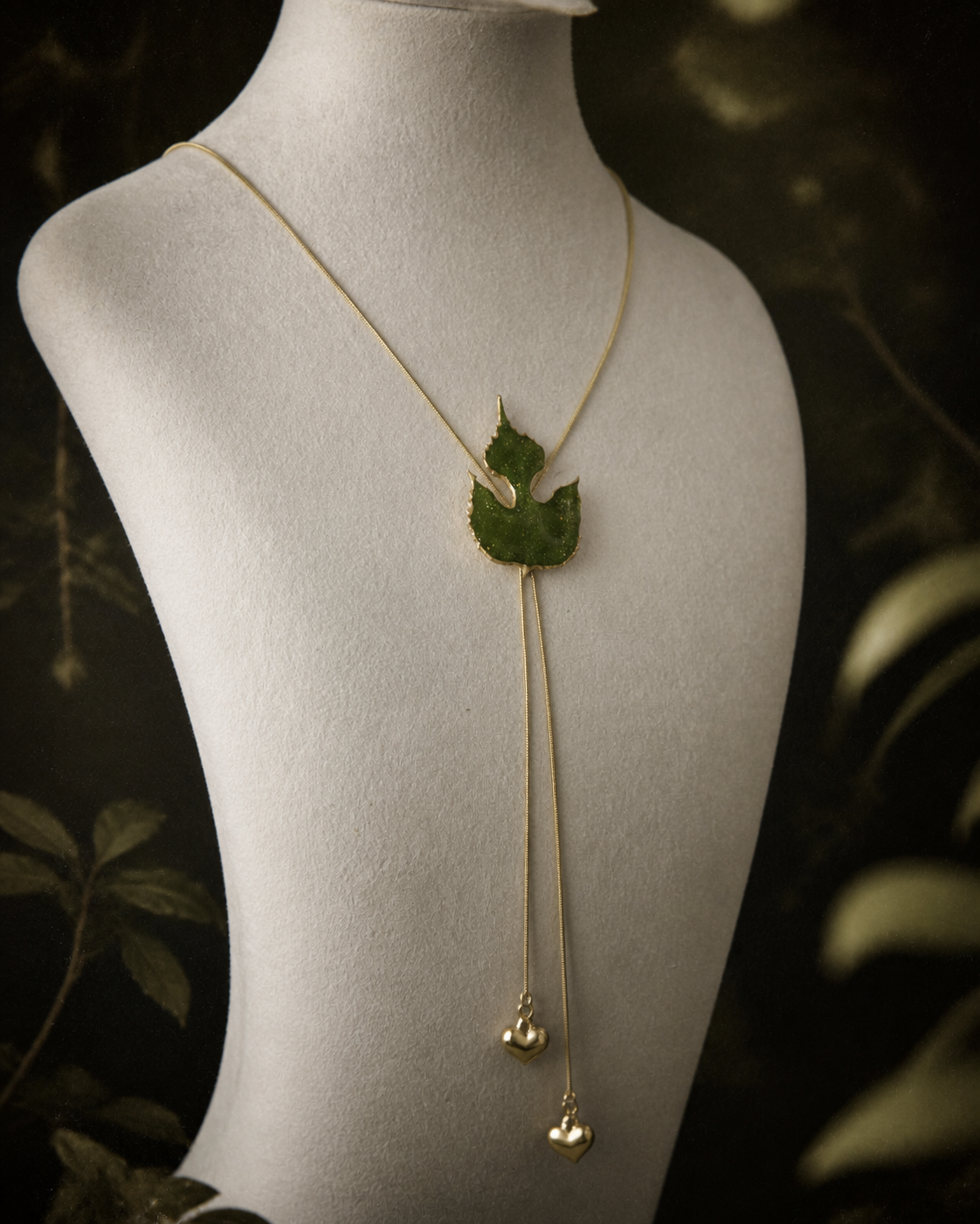 Double-heart terminal detail on the Paper Mulberry Lariat Necklace, Paper Mulberry Double-Heart Lariat Necklace botanical jewellery by Terra Decode