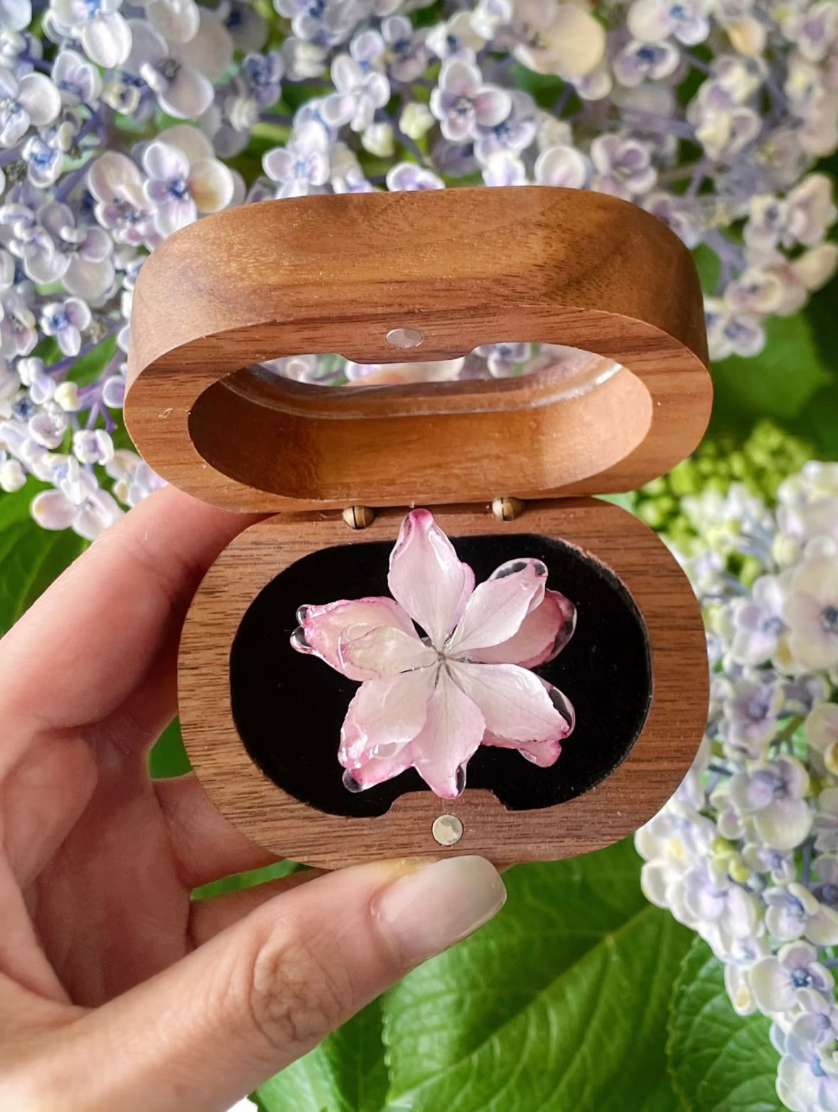 Cream white hydrangea ring with resin flower petals in a wooden box by Terra Decode