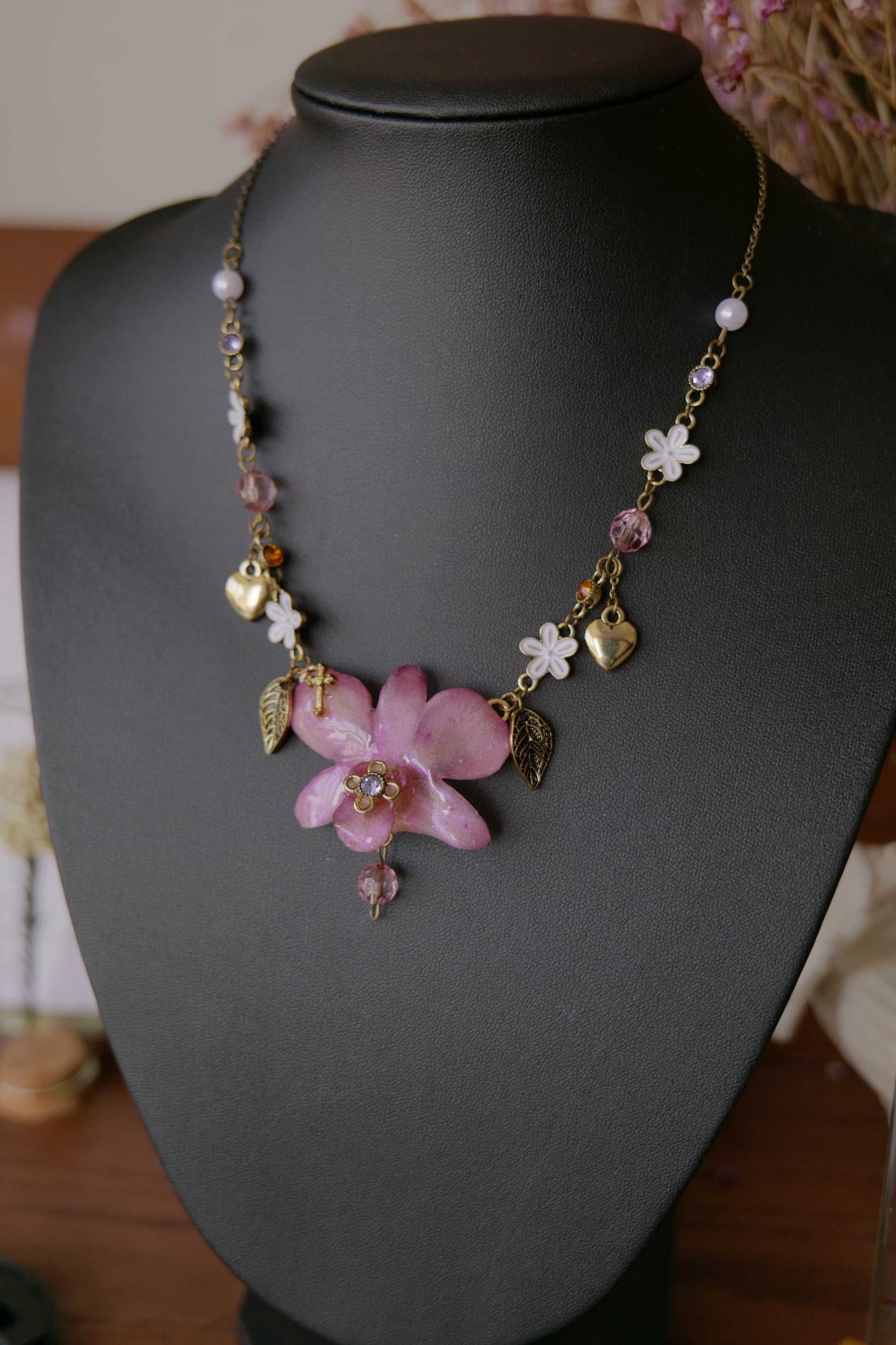 Back and fastening detail of the handmade Dendrobium orchid necklace