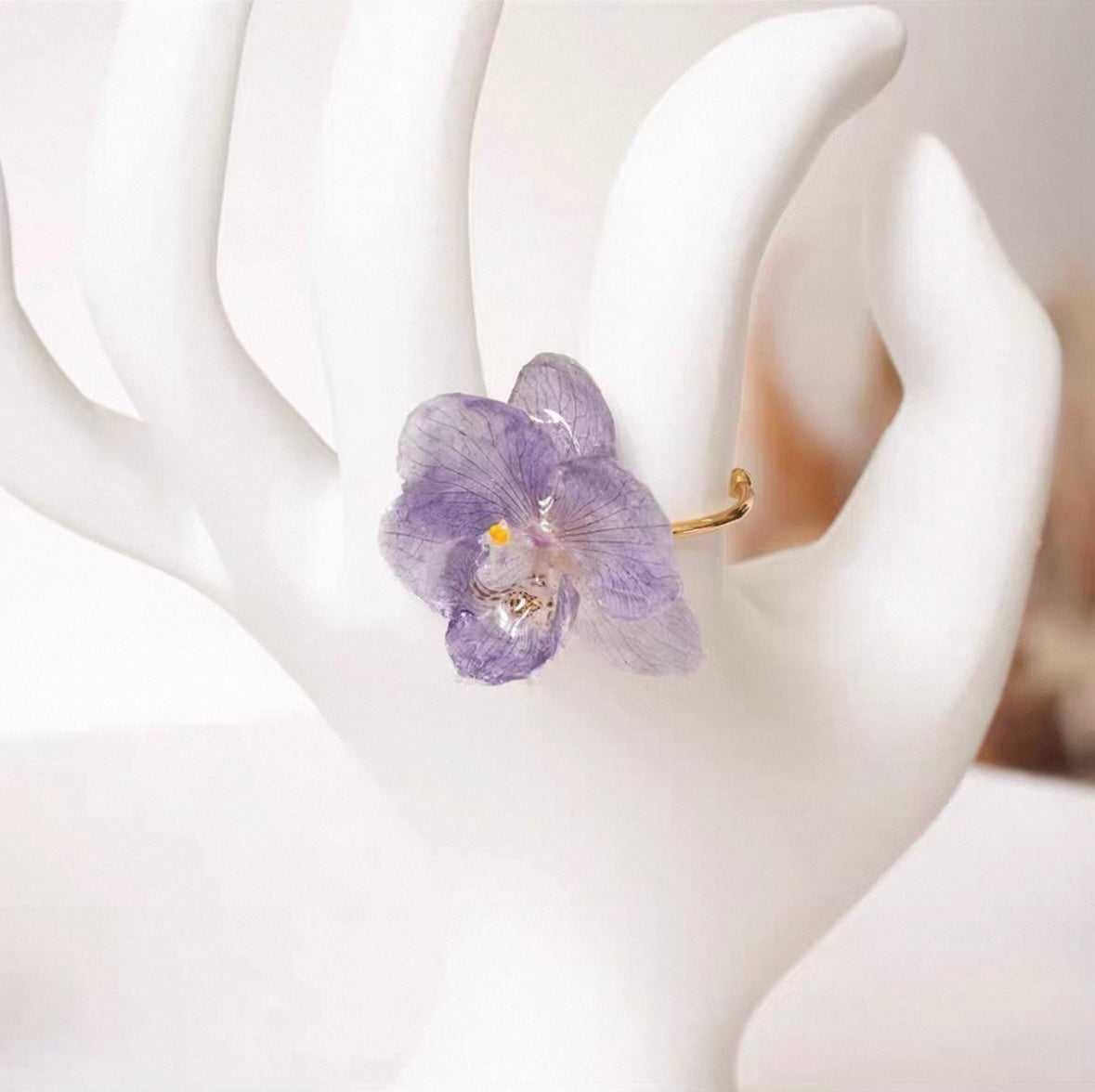 Lavender Purple orchid ring with resin petals and adjustable gold-tone band by Terra Decode