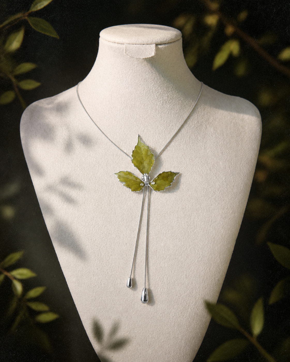 Front display view of the Silver-Toned Boston Ivy Twin-Drop Lariat Necklace, Silver-Toned Boston Ivy Twin-Drop Lariat Necklace botanical jewellery by Terra Decode