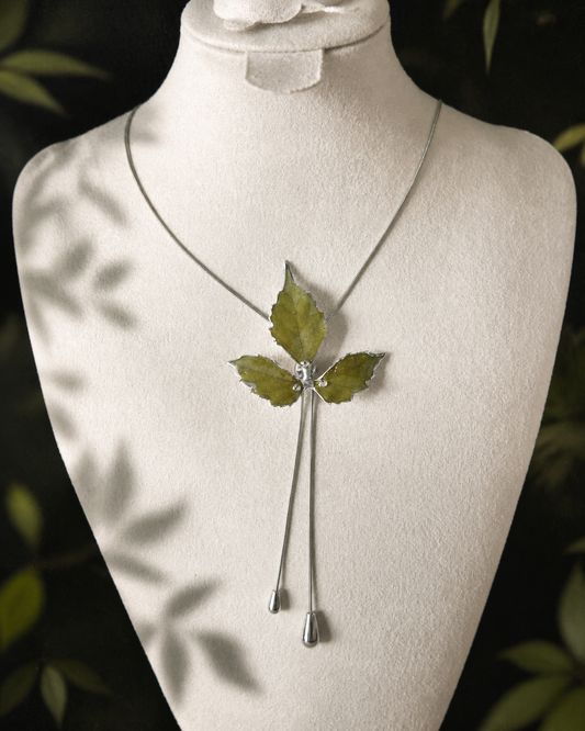 Close-up of Boston ivy leaves framed with silver-toned metal, Silver-Toned Boston Ivy Twin-Drop Lariat Necklace botanical jewellery by Terra Decode