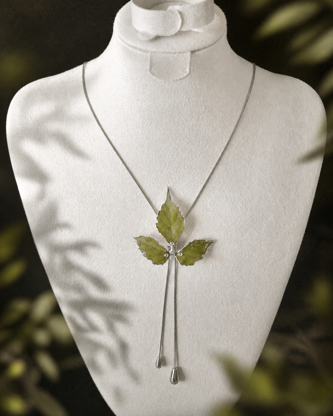 Twin-drop detail below the silver-toned Boston ivy pendant, Silver-Toned Boston Ivy Twin-Drop Lariat Necklace botanical jewellery by Terra Decode