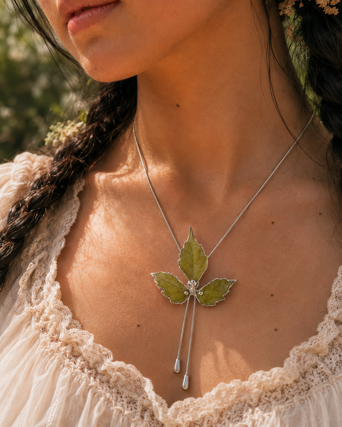 Model wearing the Silver-Toned Boston Ivy Twin-Drop Lariat Necklace by Terra Decode