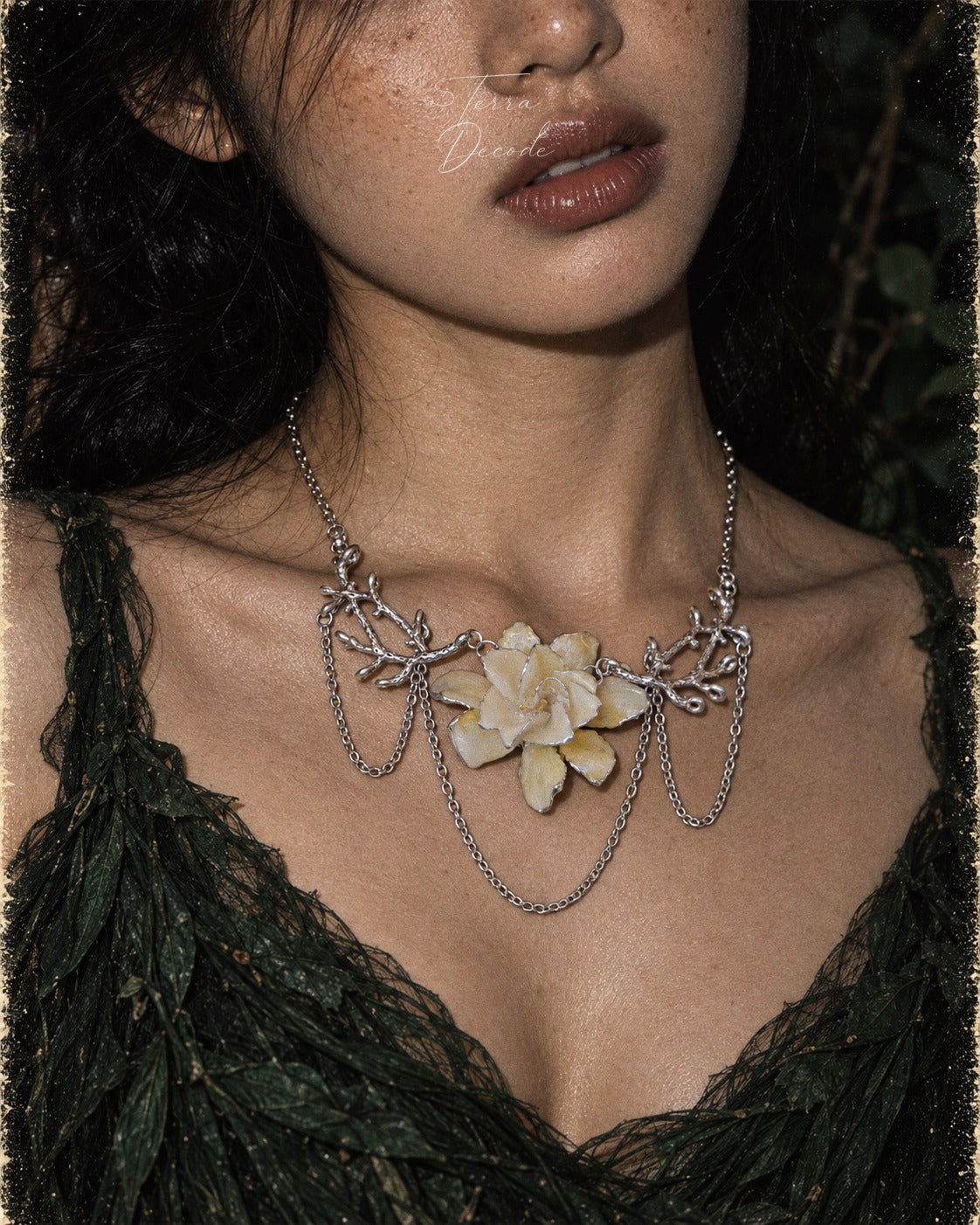 SILVERWILLOW Gardenia Branch Drop Silver Chain Necklace worn by a model | Terra Decode
